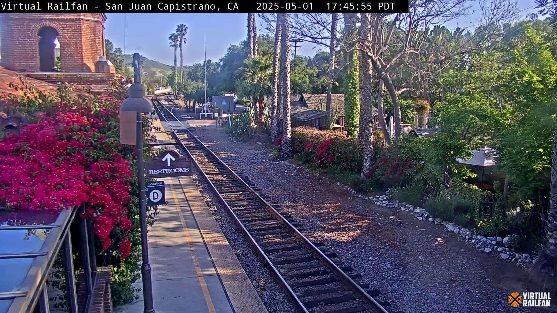 A sunny train station platform with vibrant pink flowers beside it and train tracks extending into a landscape of trees and shrubs.