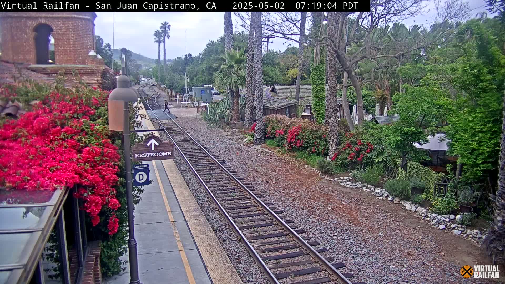 A train station platform with railroad tracks, lush greenery including vibrant red flowers, and a few small buildings is visible under an overcast sky.