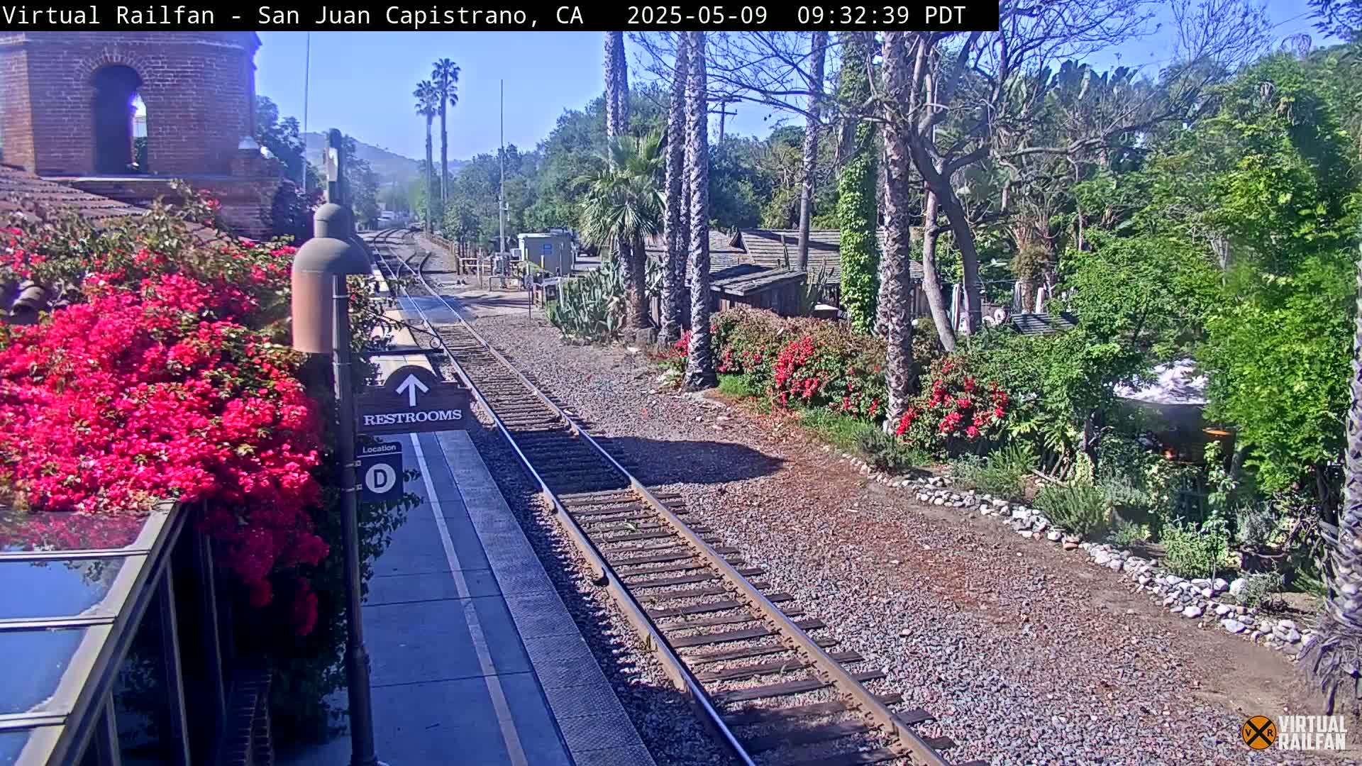 A train station platform with vibrant bougainvillea and palm trees, under a sunny sky, is viewed from a slightly elevated angle showing railroad tracks extending into the distance.