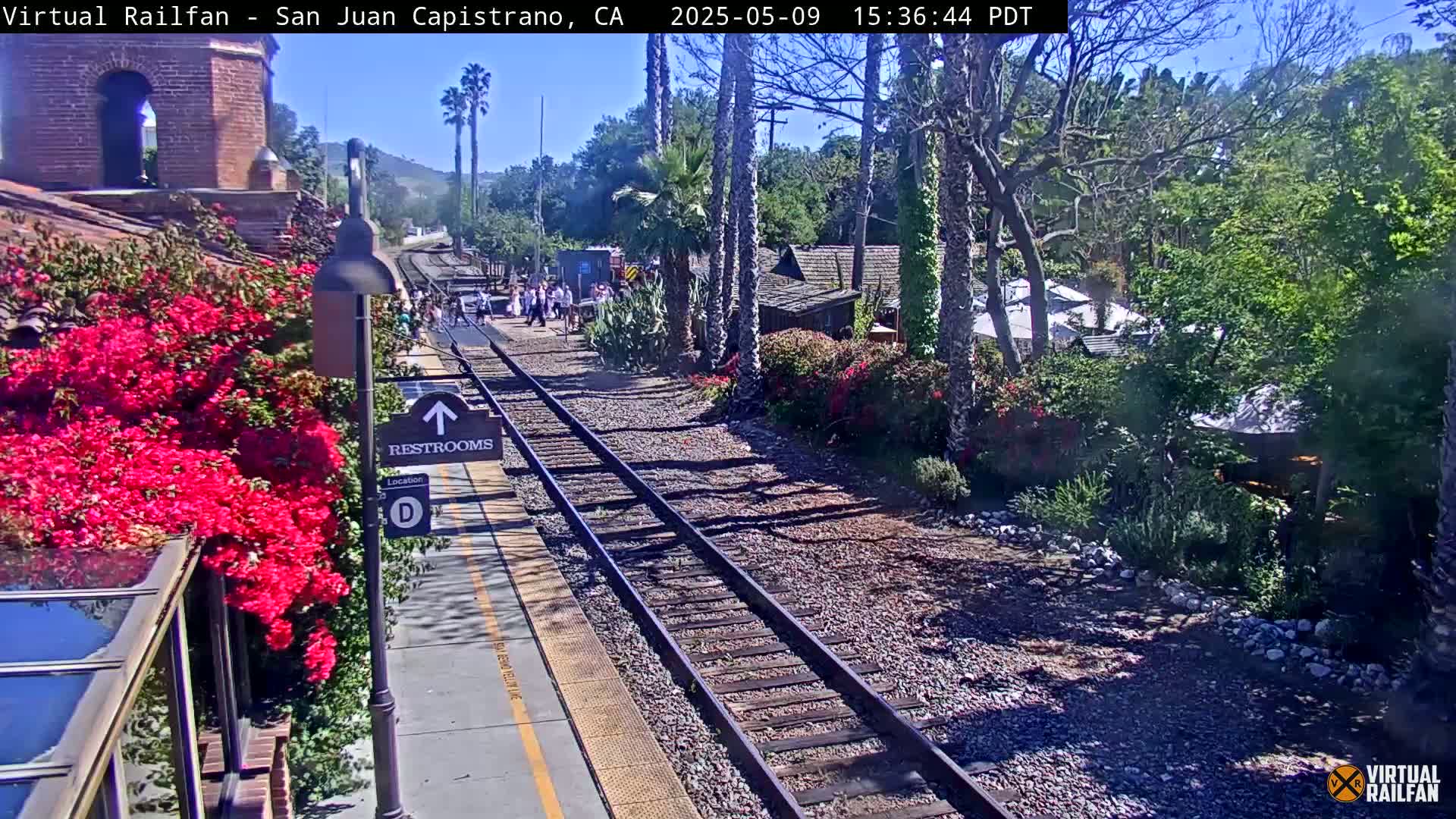 A sunny day at a train station shows a platform with people, train tracks, and lush greenery, including vibrant pink flowers.