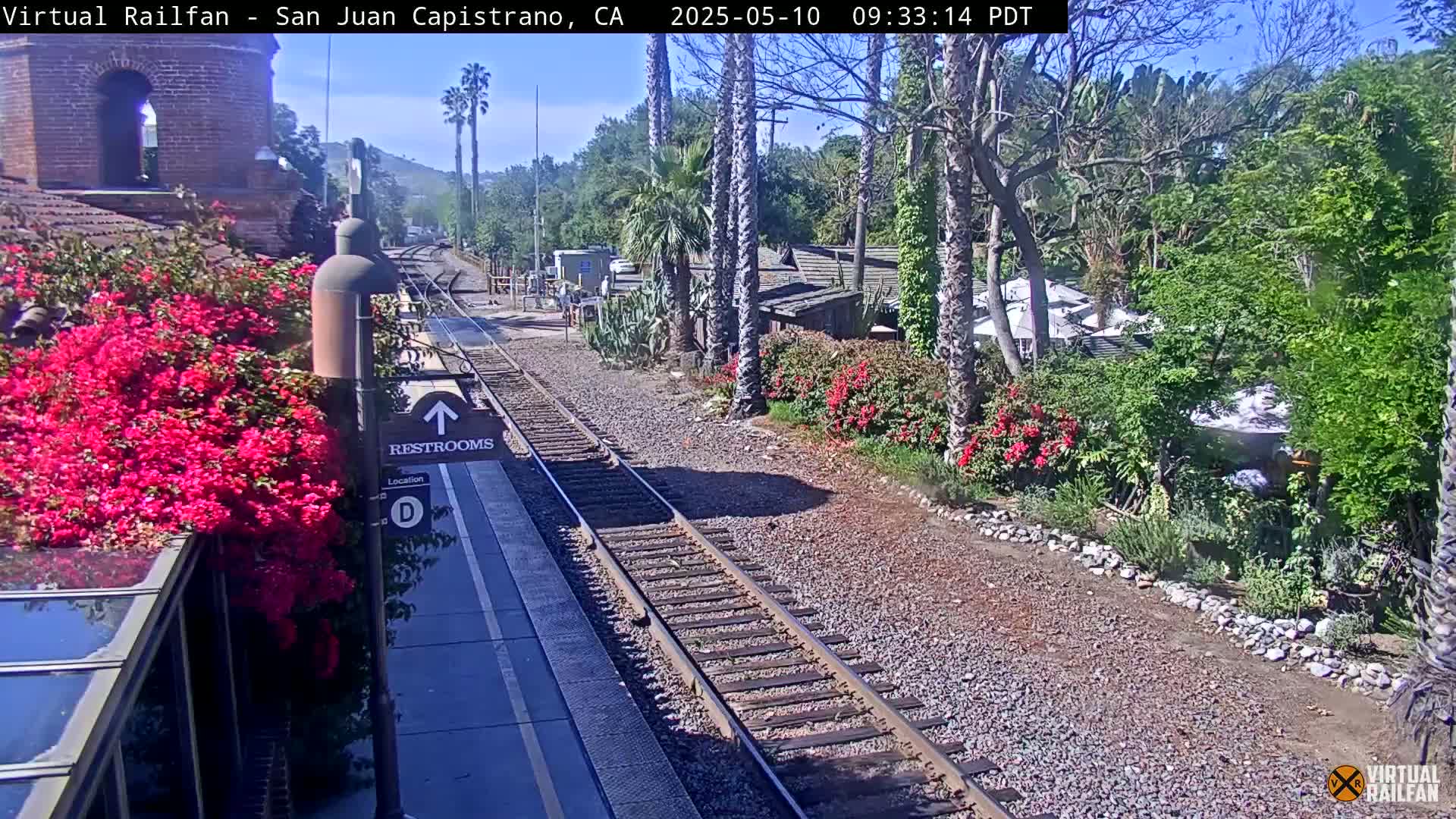 A sunny view of a train station platform with vibrant pink flowers, railroad tracks, and lush greenery under a clear sky.
