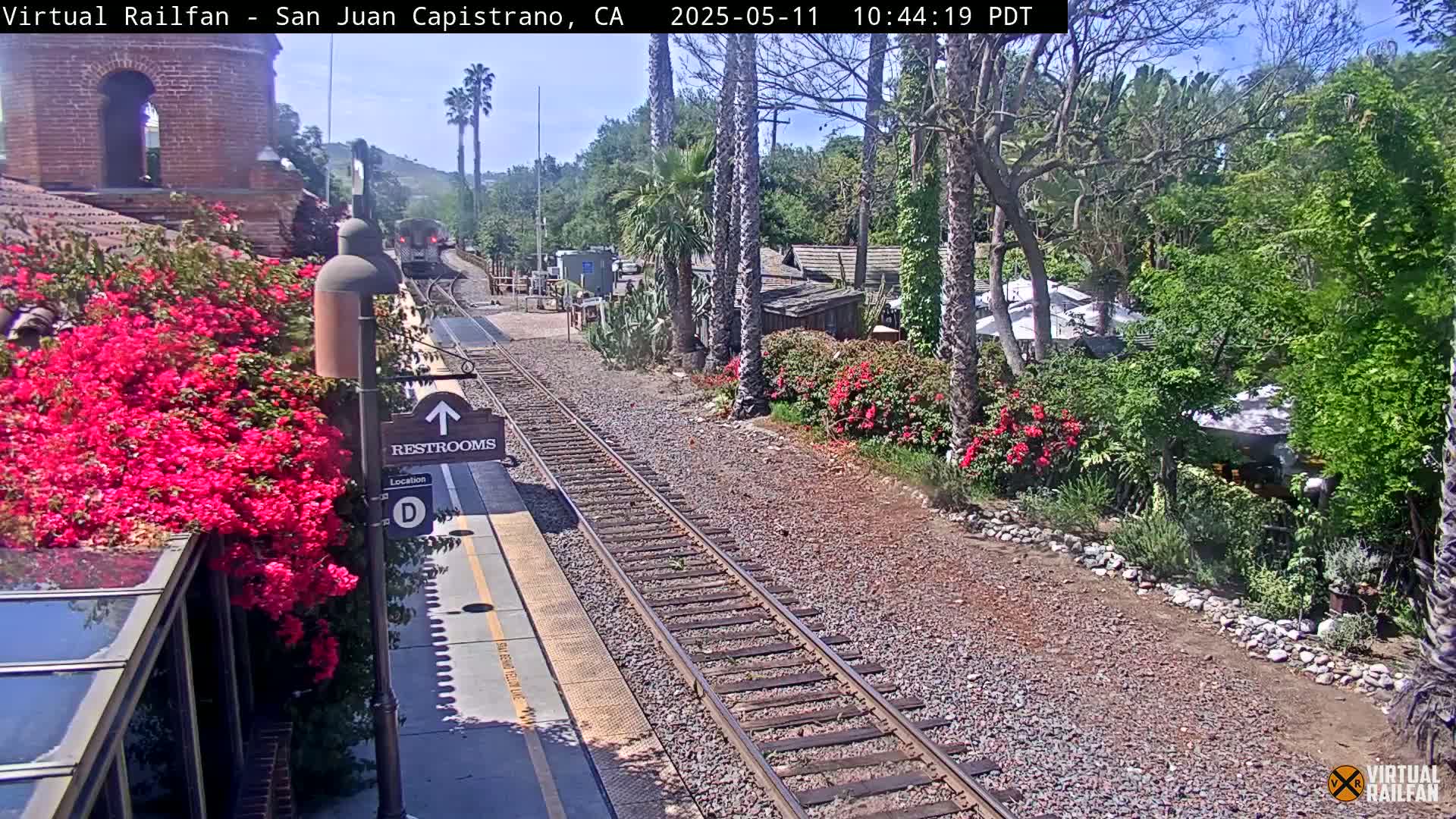 A sunny view of a train station platform with vibrant pink bougainvillea, railroad tracks, and lush landscaping.