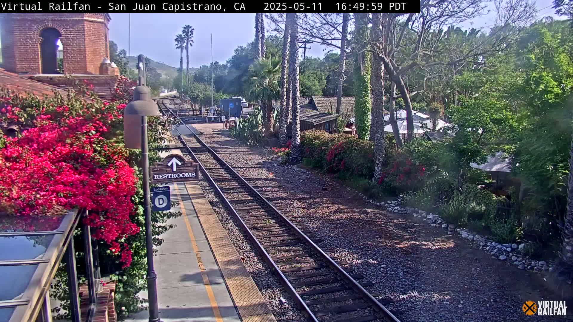A sunny train station platform with bright pink flowers, railroad tracks, and a few buildings in the background.