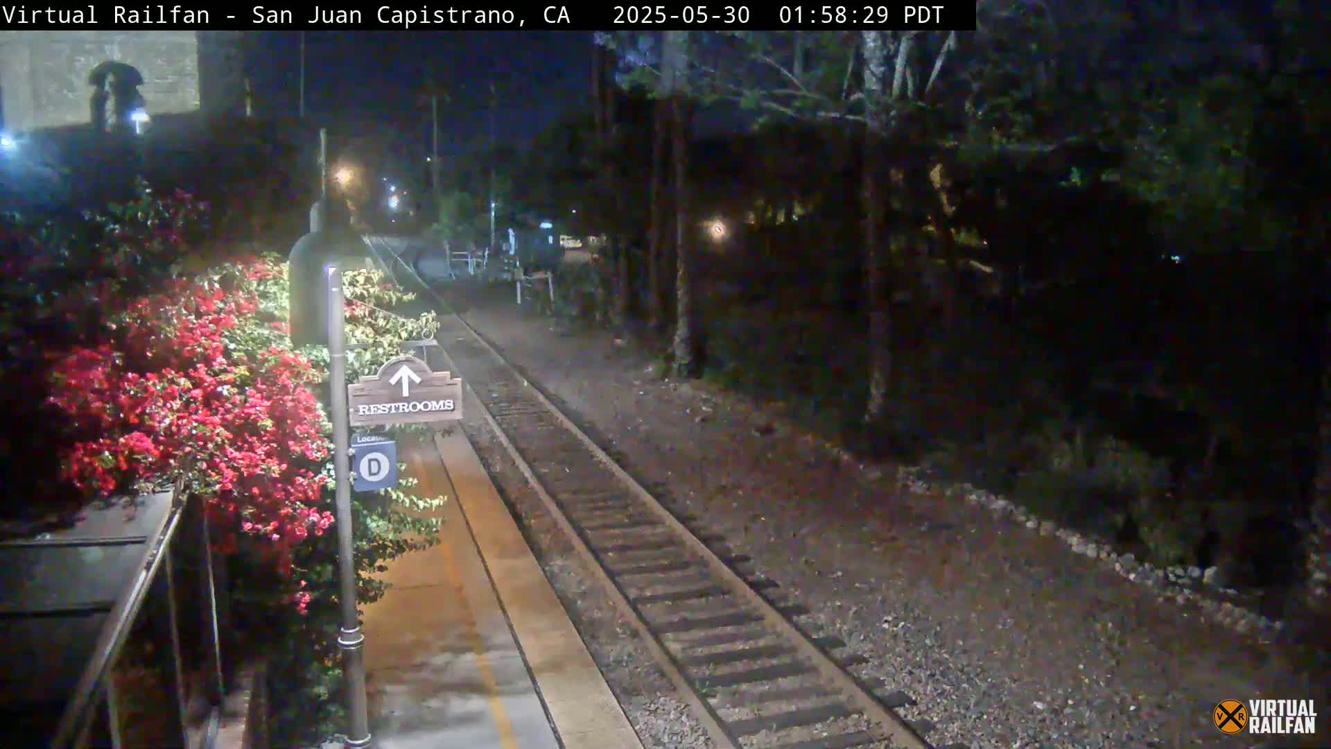 A nighttime view of a train platform with a restroom sign, a bush of red flowers, and train tracks extending into a dark, wooded area.
