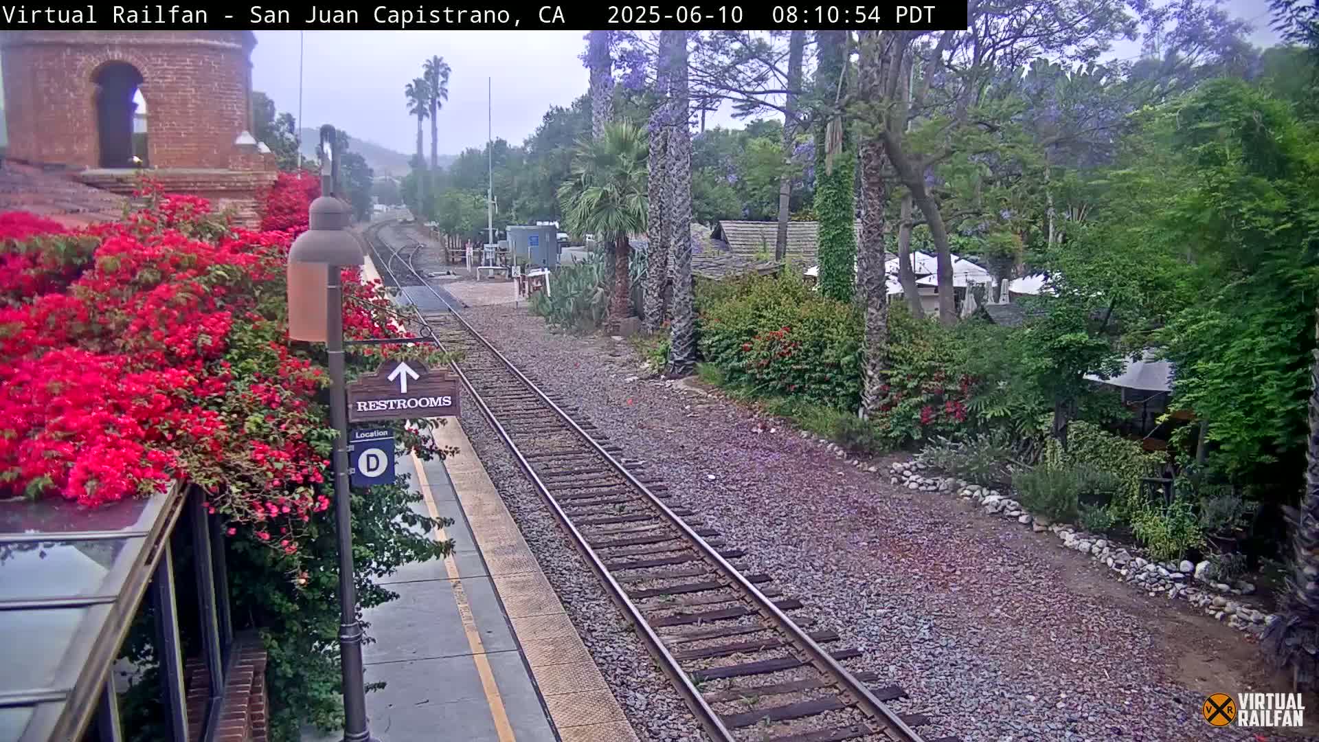 A train track runs through a lush, green landscape under an overcast sky, next to a station with vibrant red bougainvillea.