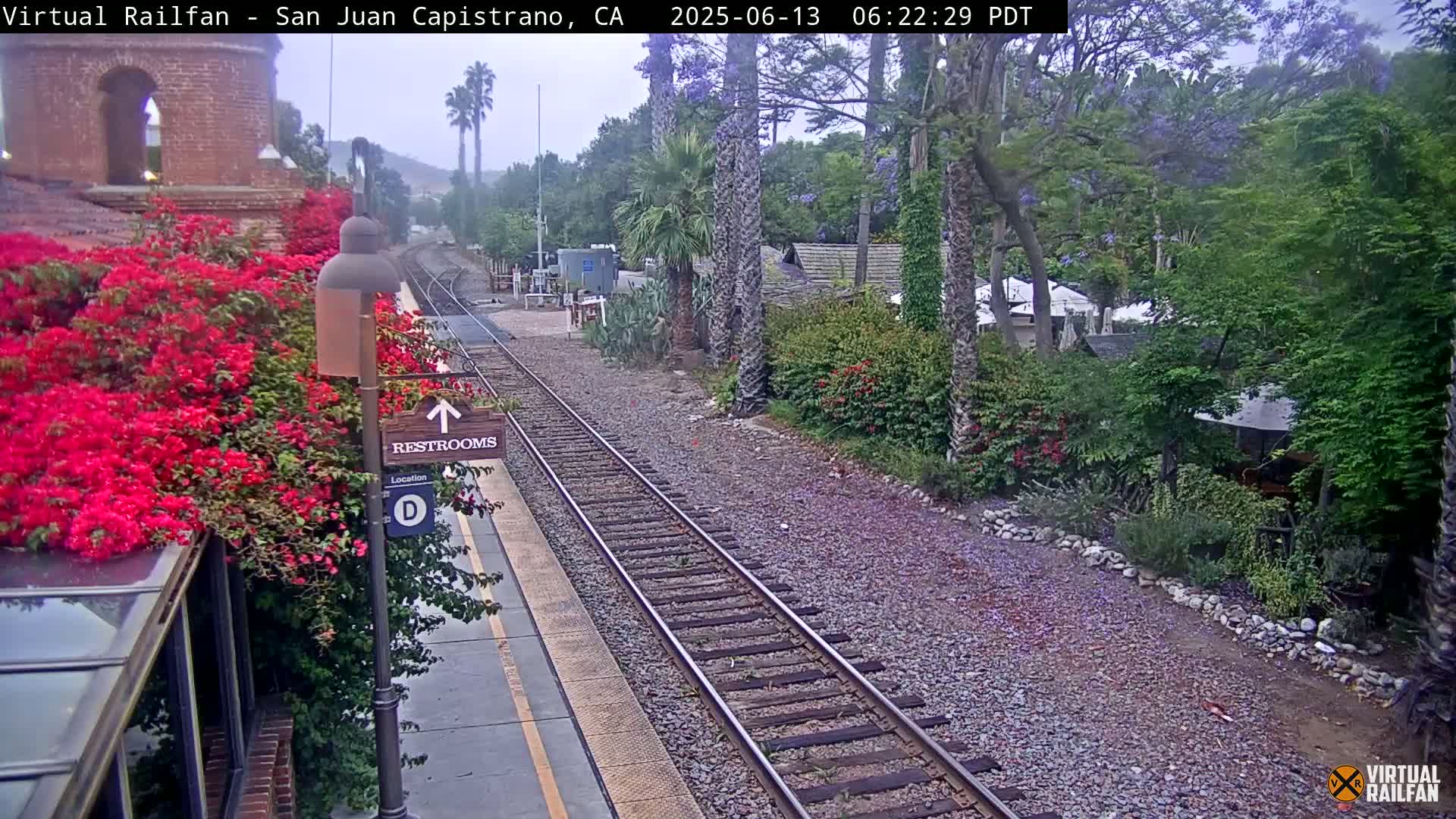 A train platform with vibrant red bougainvillea, railroad tracks, and lush greenery under an overcast sky.