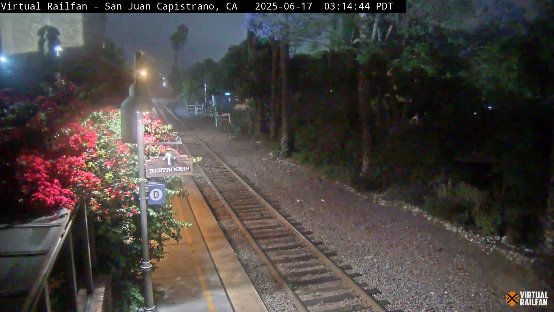 A nighttime view of a train platform with a restroom sign, flowering bushes, and train tracks extending into a dark, wooded area under a hazy sky.