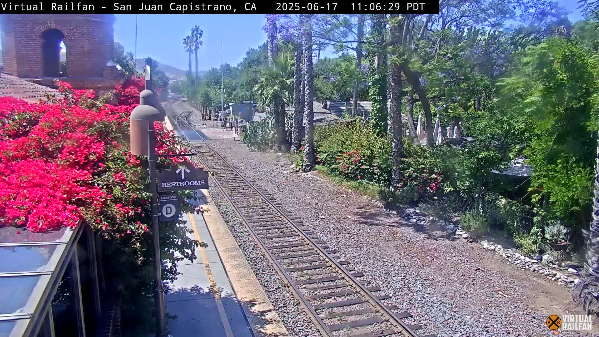 A sunny view of a train station platform with vibrant pink bougainvillea, palm trees, and train tracks stretching into the distance.