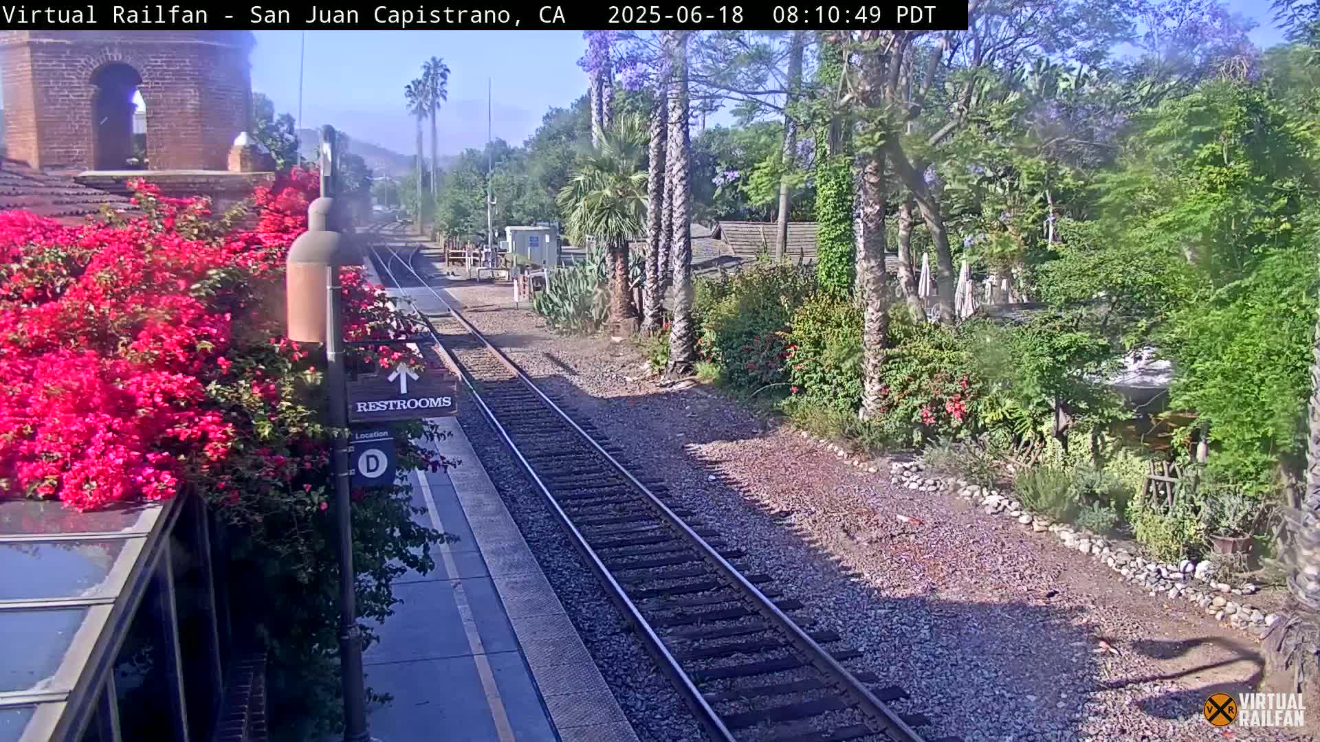 A sunny train station platform with vibrant pink bougainvillea and lush green landscaping surrounding railroad tracks.