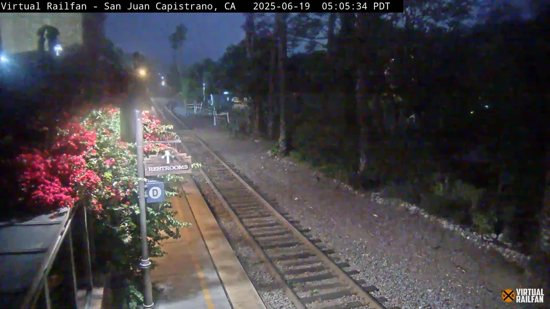 A nighttime view of a train platform with a restroom sign and flowering bushes next to railroad tracks bordered by dark trees.