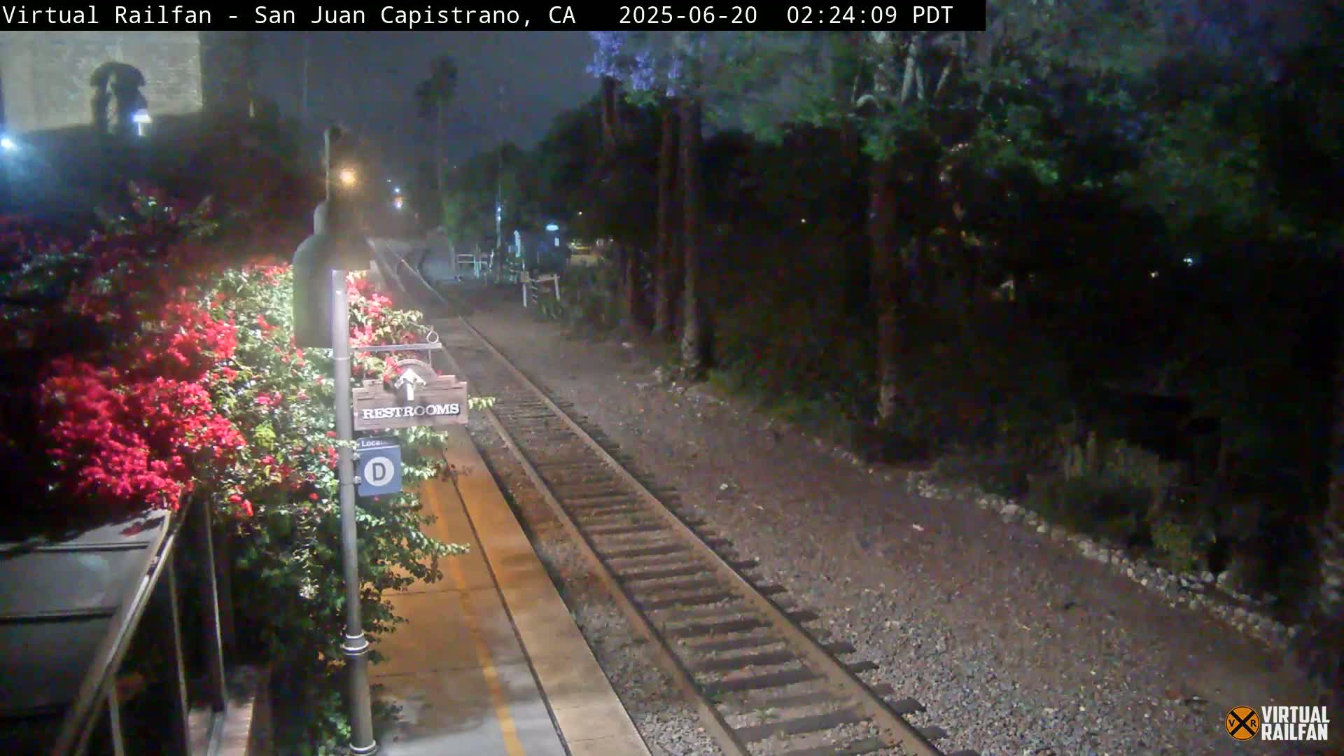 A nighttime view of a train track at a station with blooming red flowers and trees, under a dark sky.