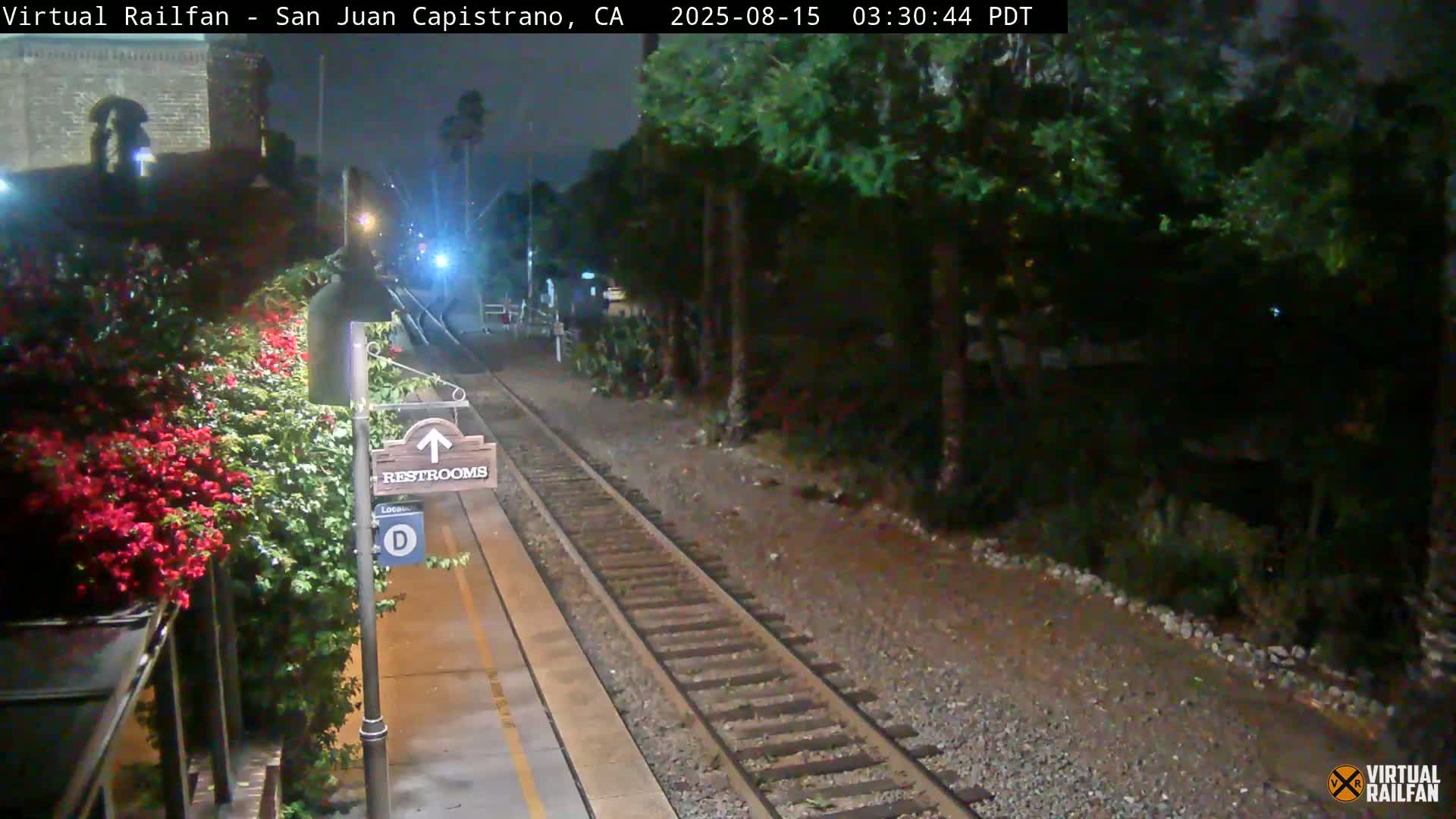 A nighttime view of a train station platform with a restroom sign, railroad tracks, and lush greenery alongside the platform under a dark sky.
