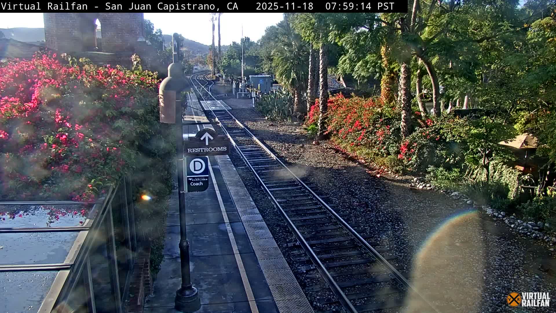 A nighttime view of a train station platform with a restroom sign, railroad tracks, and lush greenery alongside the platform under a dark sky.