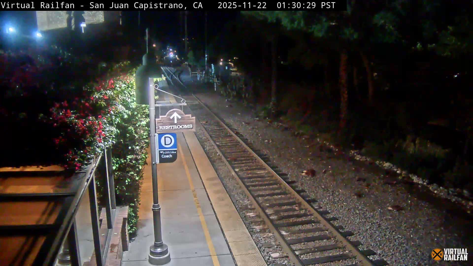 A clear night reveals a brightly lit train station platform and tracks curving into the distance, flanked by a lamppost with signs, vibrant flowering bushes, and trees.