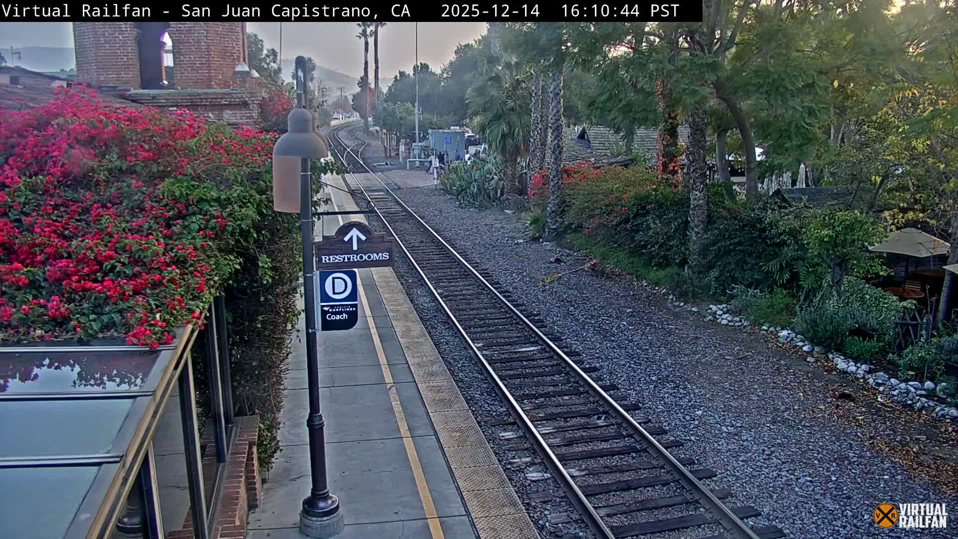 A nocturnal view shows a brightly lit train platform alongside railway tracks, featuring a sign for restrooms and coach "D," flanked by lush greenery with some red flowers, under clear weather conditions.