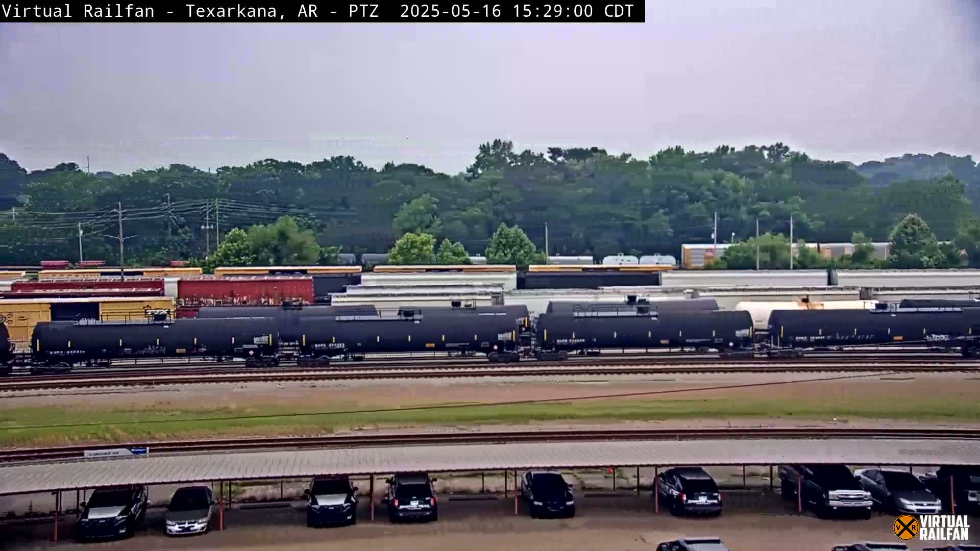 A long line of black tanker cars sits on a railway track in front of a wooded area under an overcast sky.