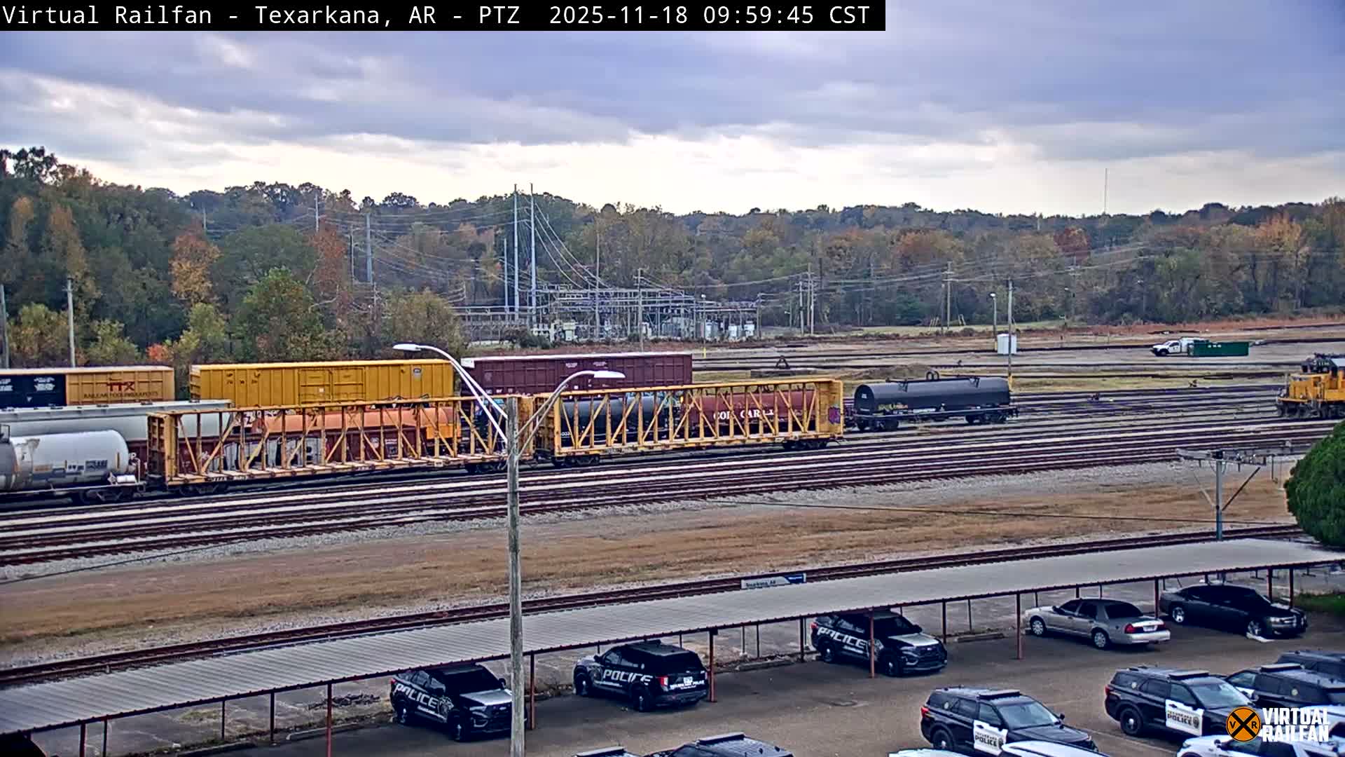 A long freight train with graffiti sits in a rail yard next to a parking lot full of police vehicles under a clear, sunny sky.