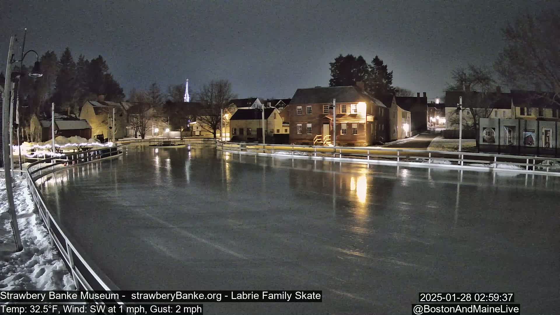 A nighttime view of an ice rink illuminated by lights, surrounded by historic buildings under a dark sky with a southwest wind.