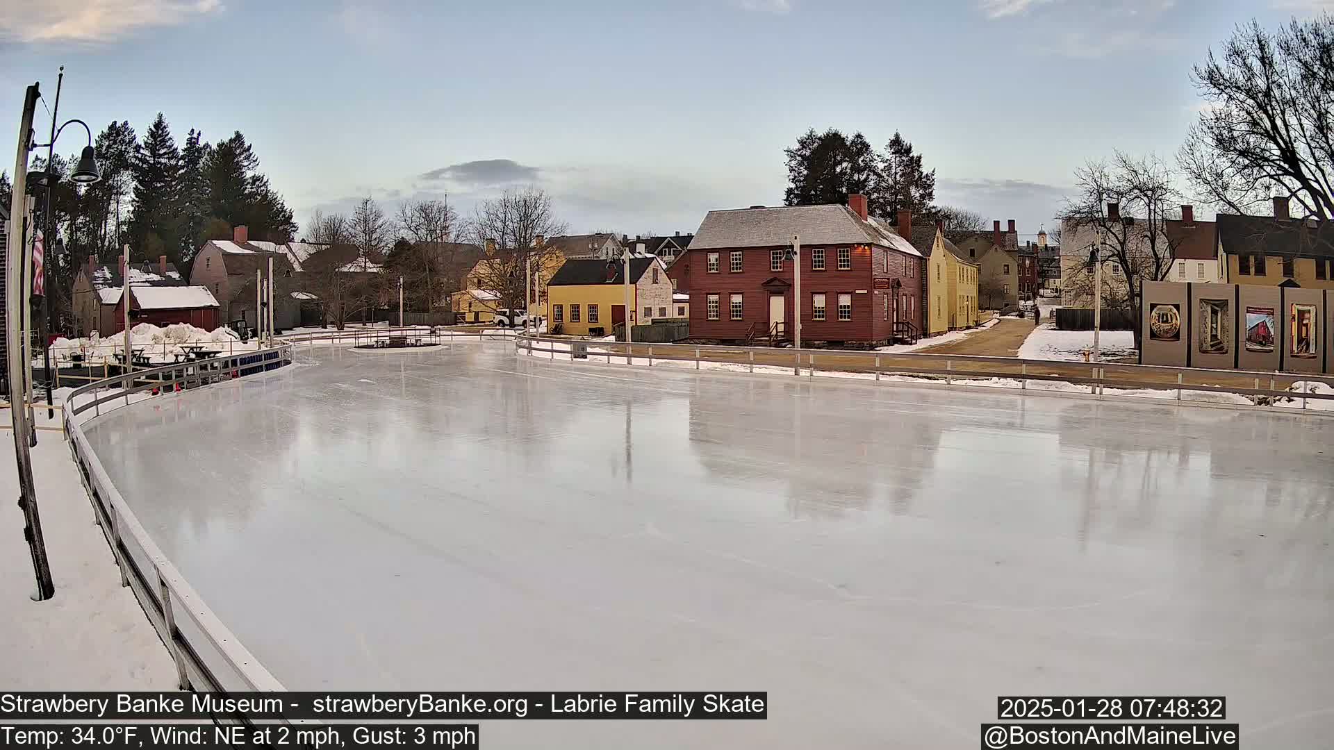 A frozen skating rink reflects historic buildings under a partly cloudy sky.