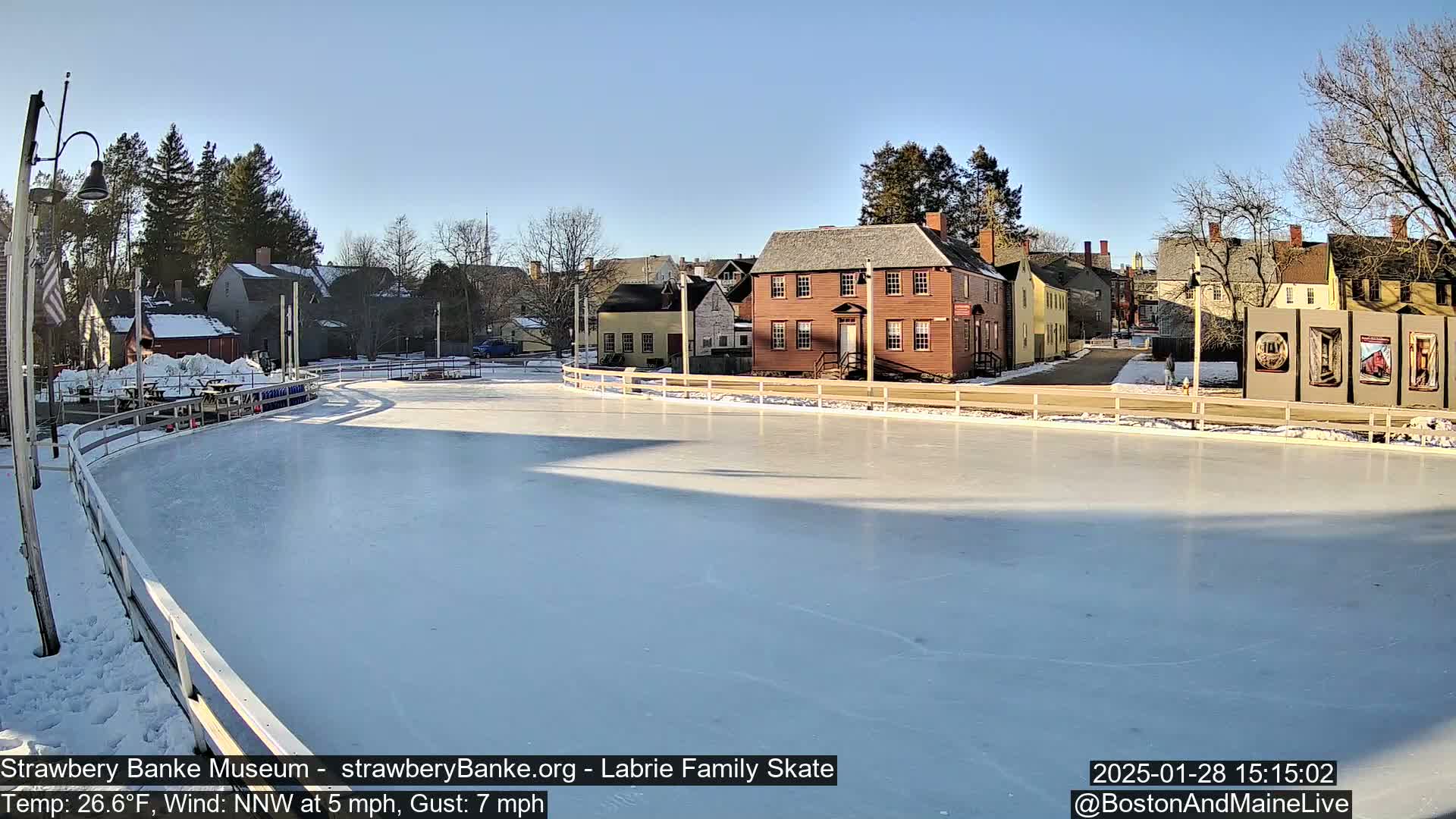 A frozen outdoor skating rink, surrounded by historic-looking buildings, on a sunny day with a light north-northwest wind.