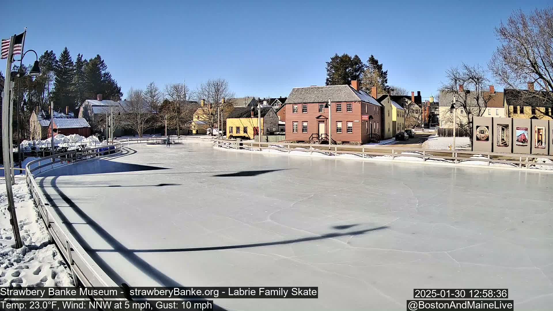 A sunny, outdoor ice skating rink is situated in front of several historic-looking buildings, with trees in the background.
