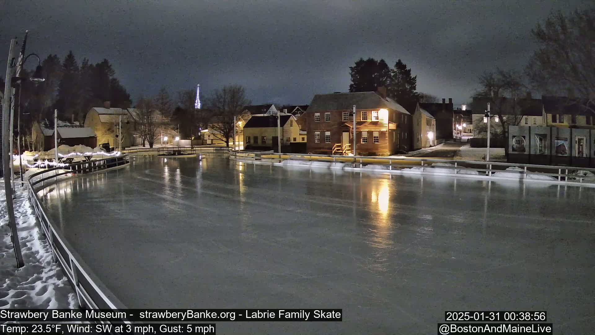 A nighttime view of an ice rink illuminated by lights, surrounded by snow-covered buildings under a dark, cloudy sky with a southwest wind.