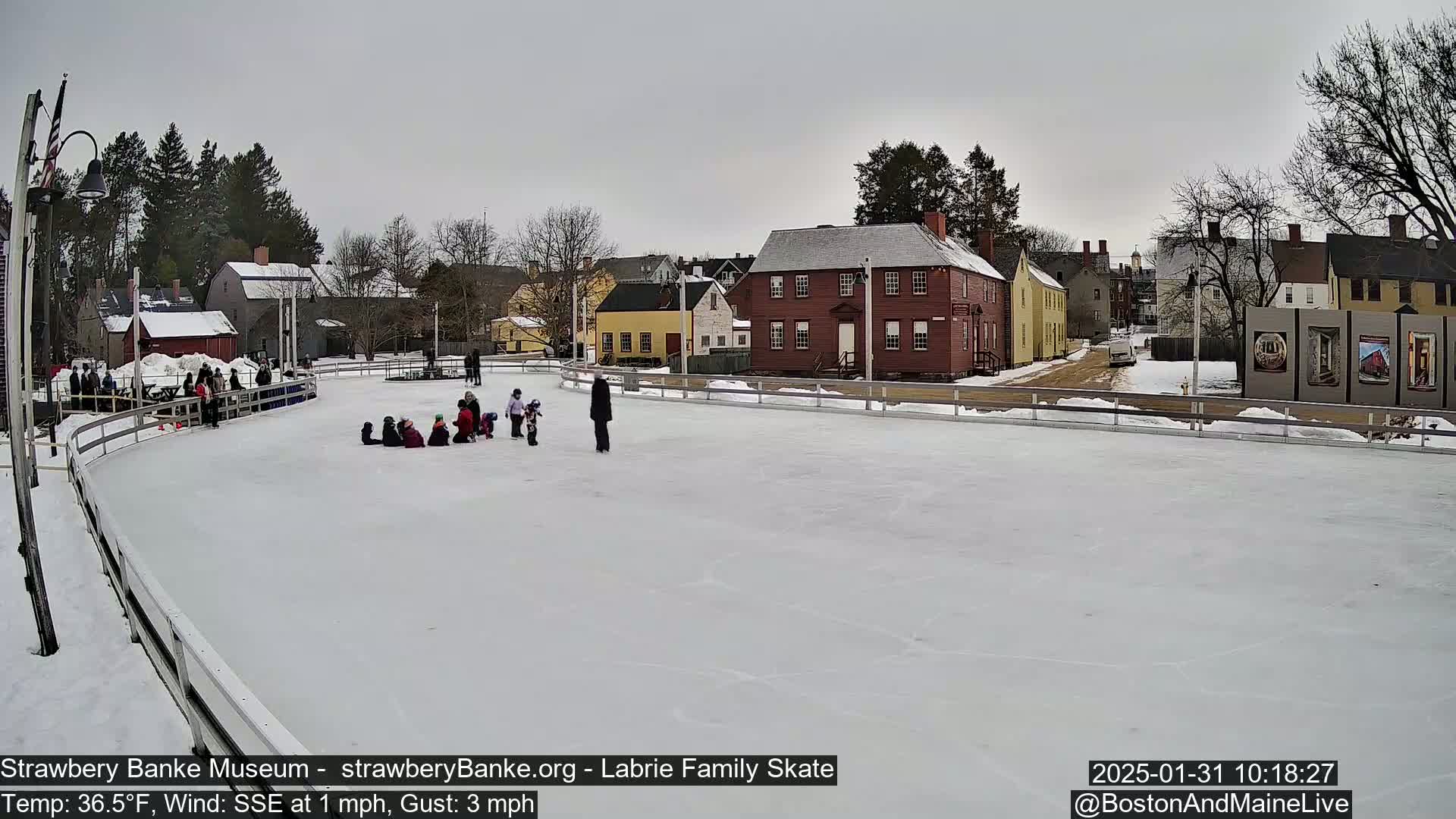 An outdoor ice skating rink, surrounded by historic buildings and bare trees under an overcast sky, shows several children skating and a few adults standing nearby.