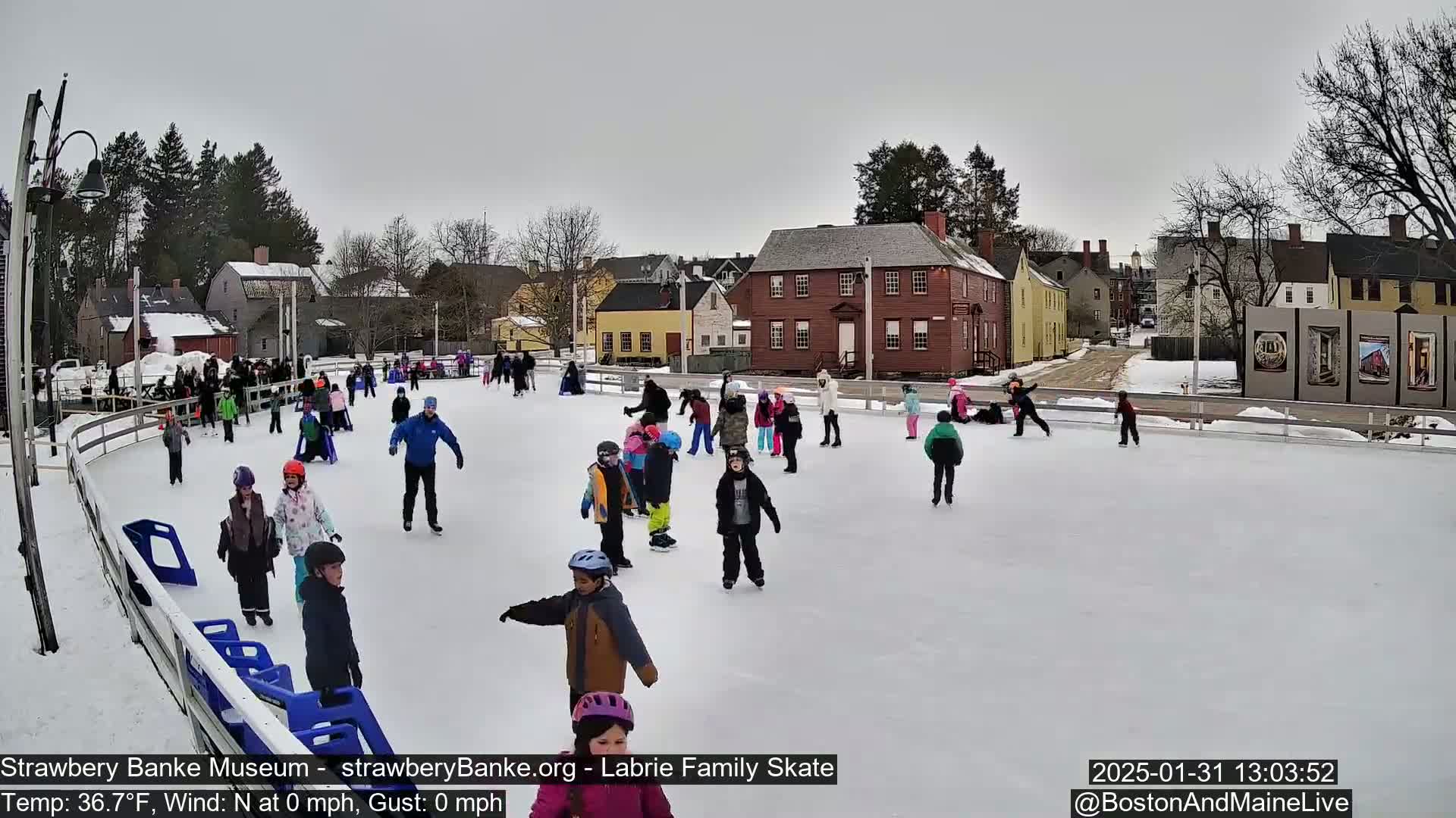 Many children and adults ice skate on an outdoor rink in front of historical buildings on an overcast day with no wind.