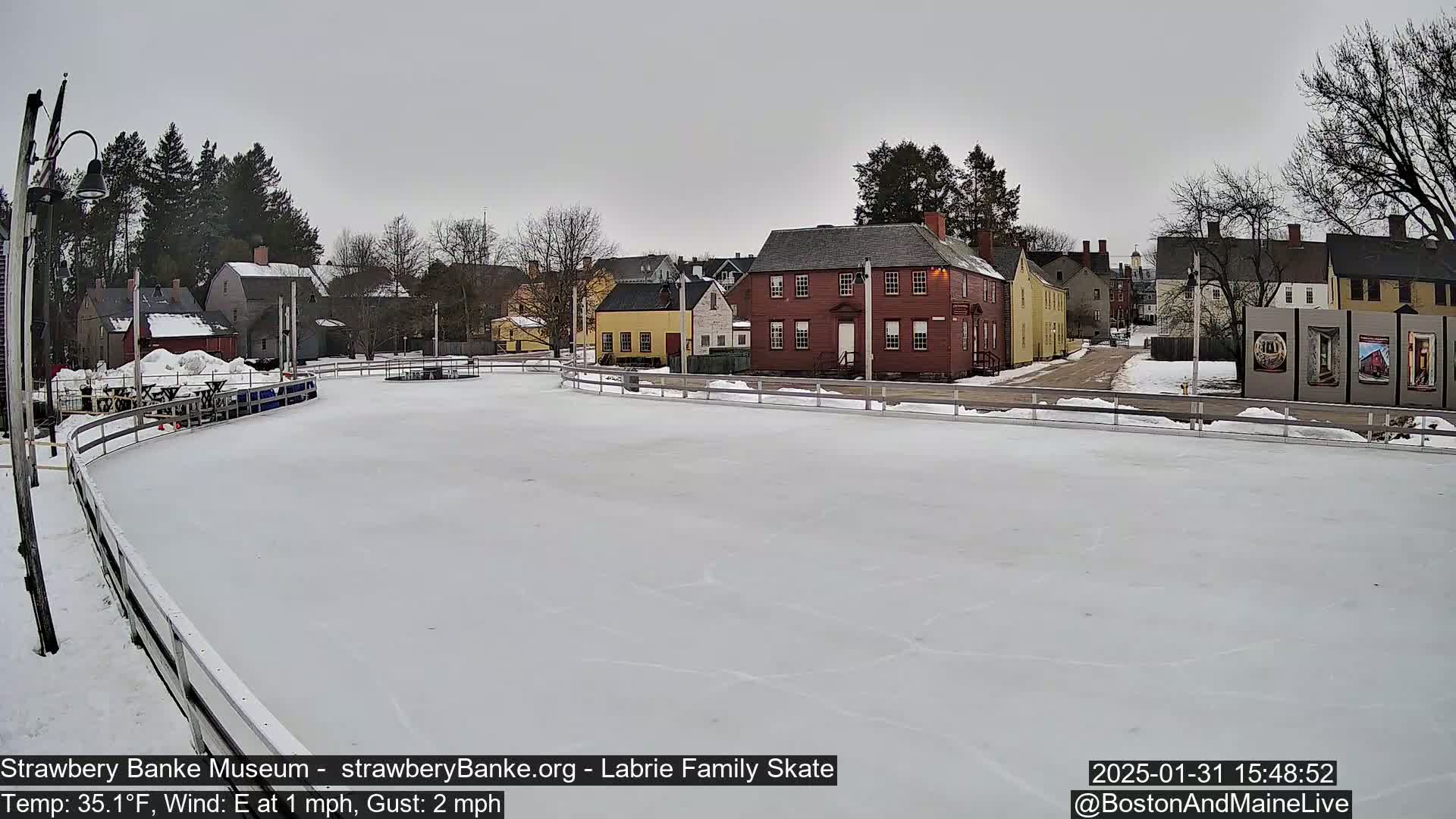 A snow-covered outdoor ice rink is situated in front of several historic-looking buildings on an overcast day.
