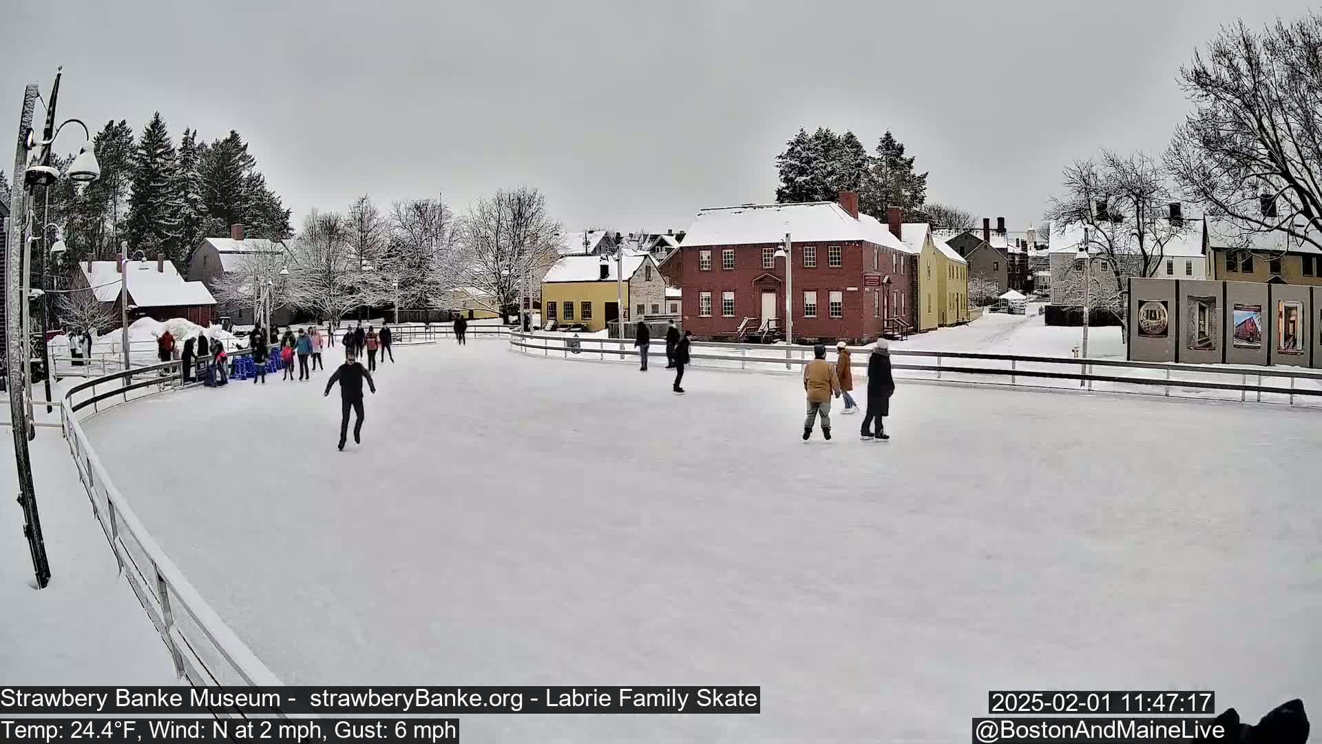 People ice skate on an outdoor rink surrounded by snow-covered buildings on an overcast day.
