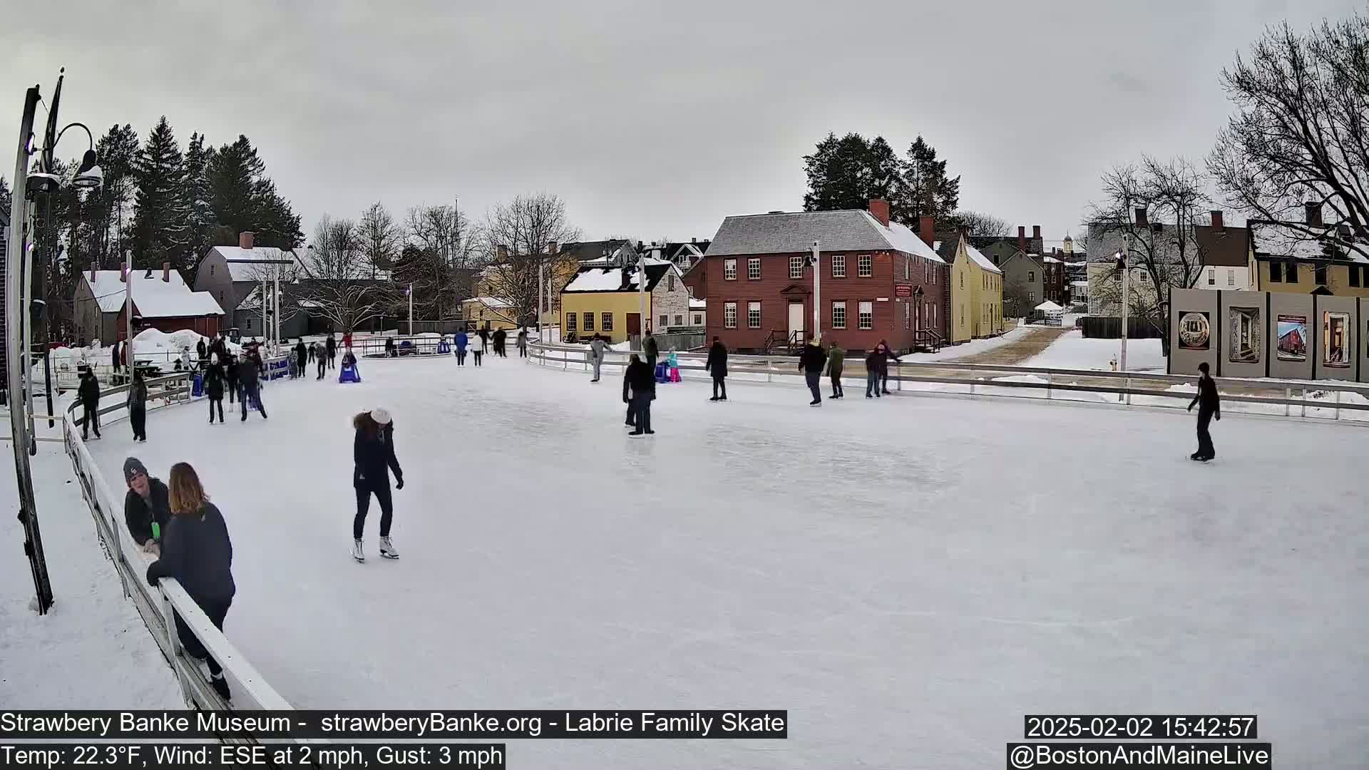 An outdoor ice skating rink, surrounded by snow-covered buildings and trees under an overcast sky, features numerous people ice skating.