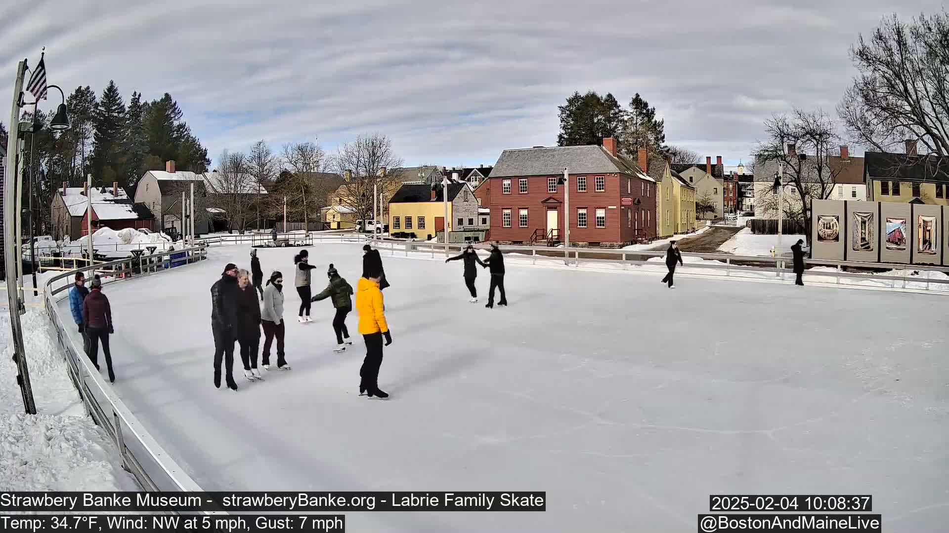 Several people ice skate on an outdoor rink in front of historic buildings on a partly cloudy day with a northwest wind.