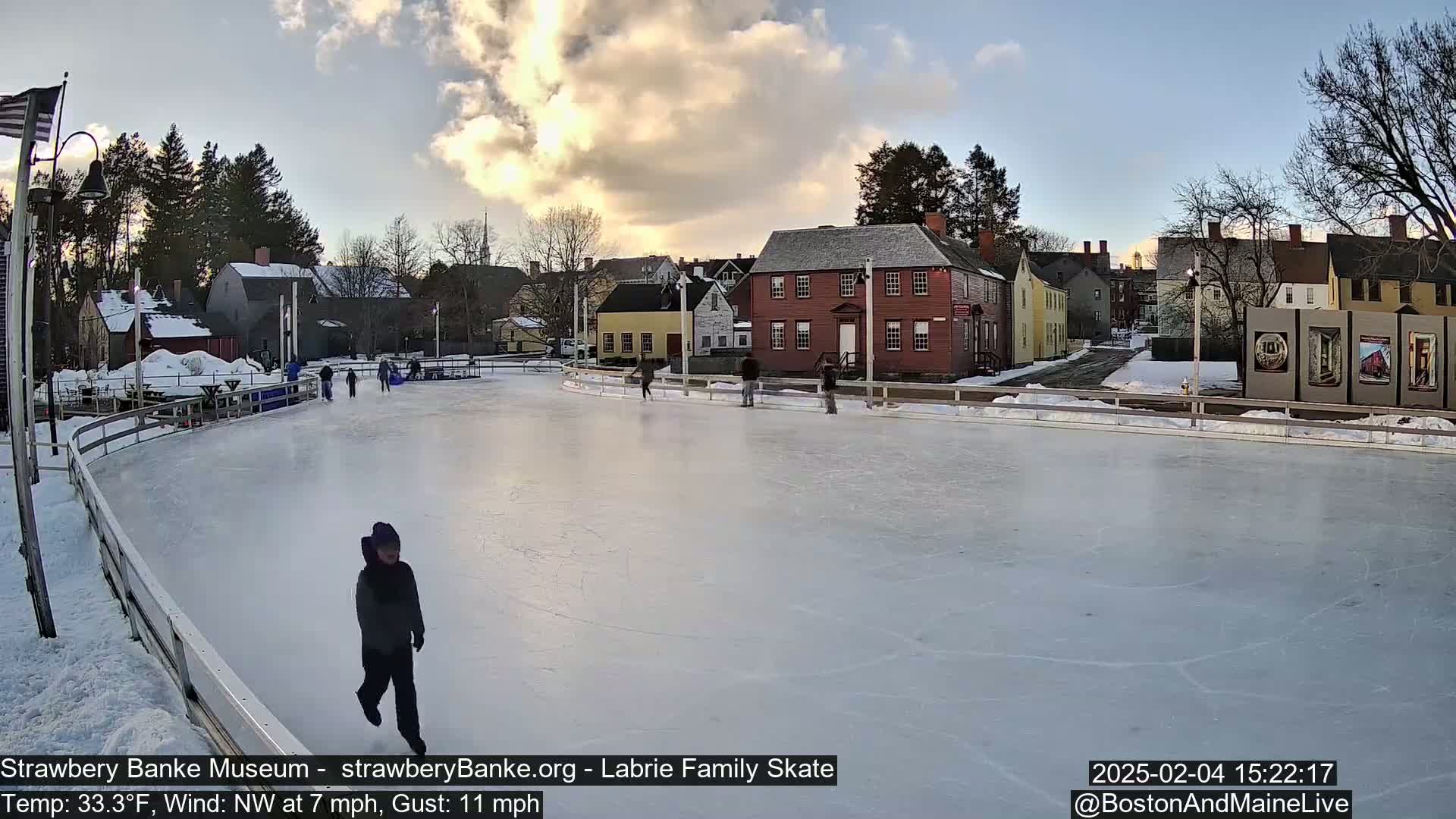 An outdoor ice skating rink, surrounded by historic buildings and partially snow-covered ground, under a partly cloudy sky with a northwest wind.
