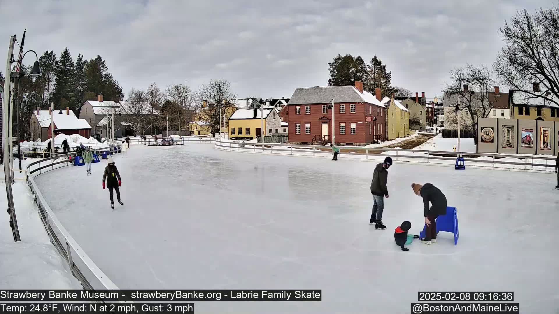Several people ice skate on an outdoor rink in front of historic buildings on a cloudy day with a temperature of 24.8°F, a north wind of 2 mph, and gusts up to 3 mph.