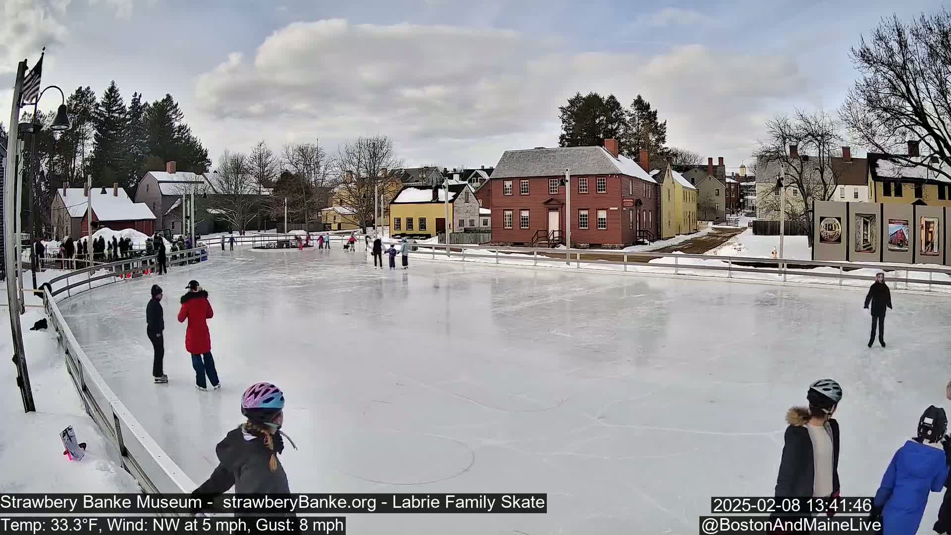 Several people ice skate on an outdoor rink in front of historic buildings on a partly cloudy day with a temperature of 33.3°F, a northwest wind of 5 mph, and gusts up to 8 mph.