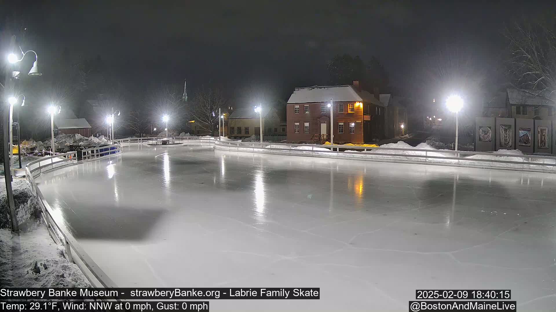 A nighttime view of an outdoor ice skating rink illuminated by several bright lights, surrounded by snow-covered buildings and trees under a dark, clear sky.