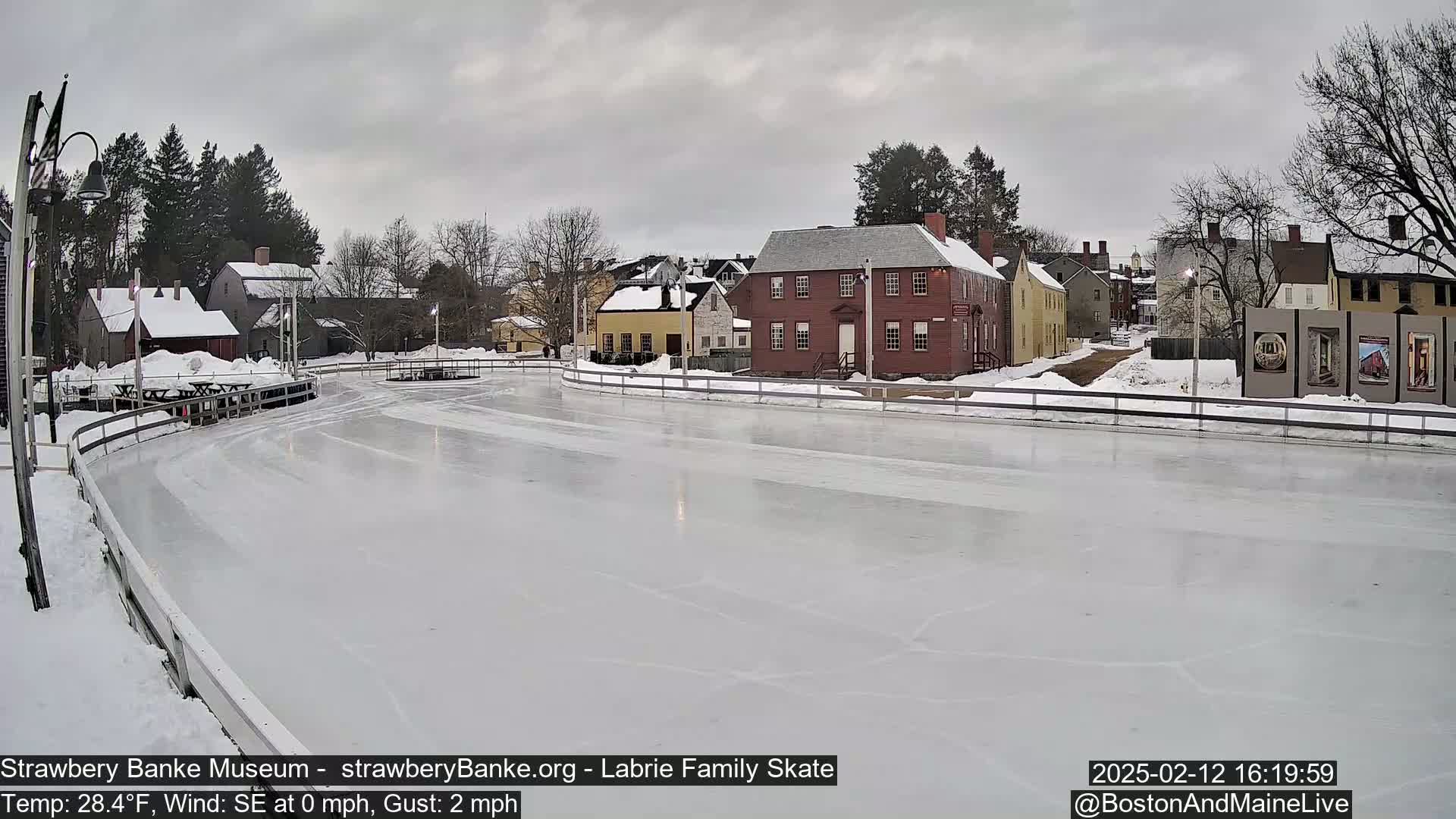 An outdoor ice skating rink, bordered by snow-covered buildings and trees under an overcast sky.