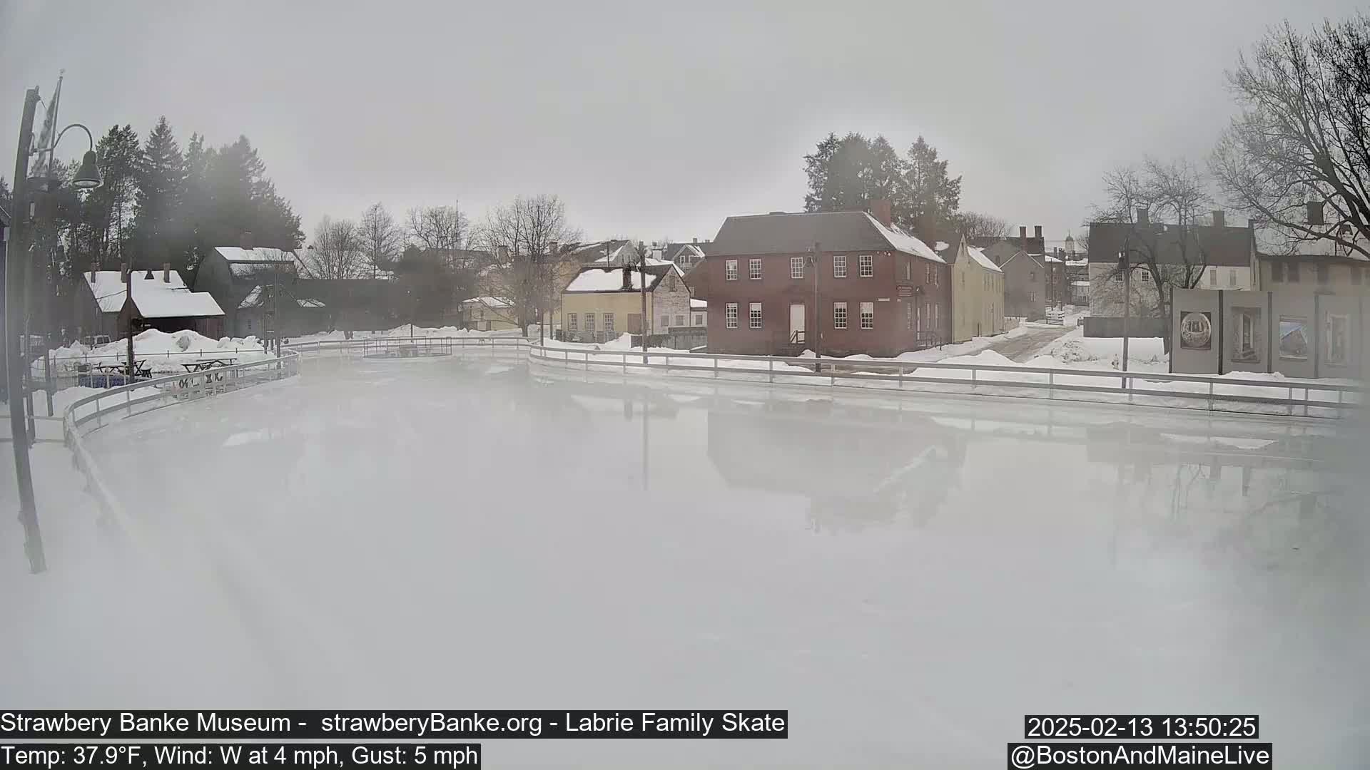 A hazy, overcast day reveals a snow-covered outdoor ice rink situated in front of several historic-looking buildings.
