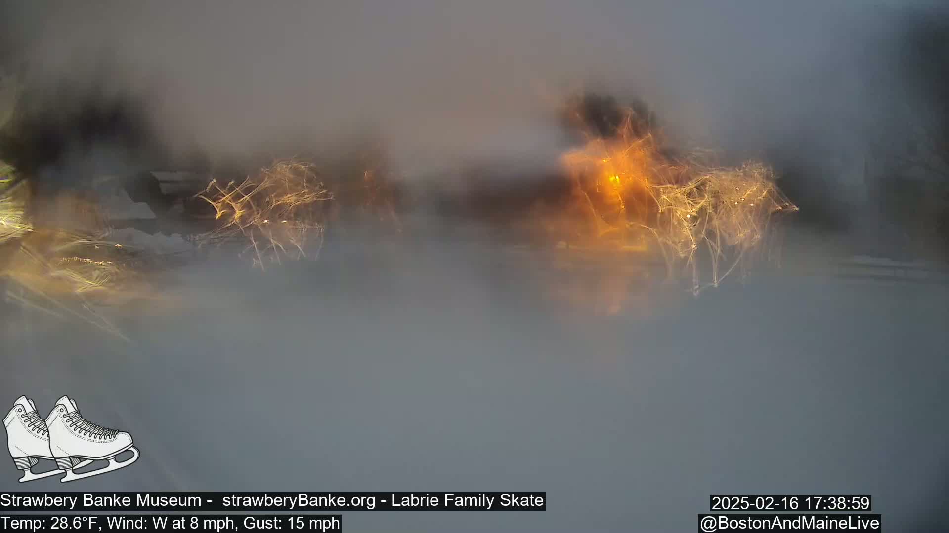A blurry outdoor scene shows indistinct shapes and lights through a rain-covered surface, with a temperature of 28.6°F, an 8 mph wind, and 15 mph gusts.