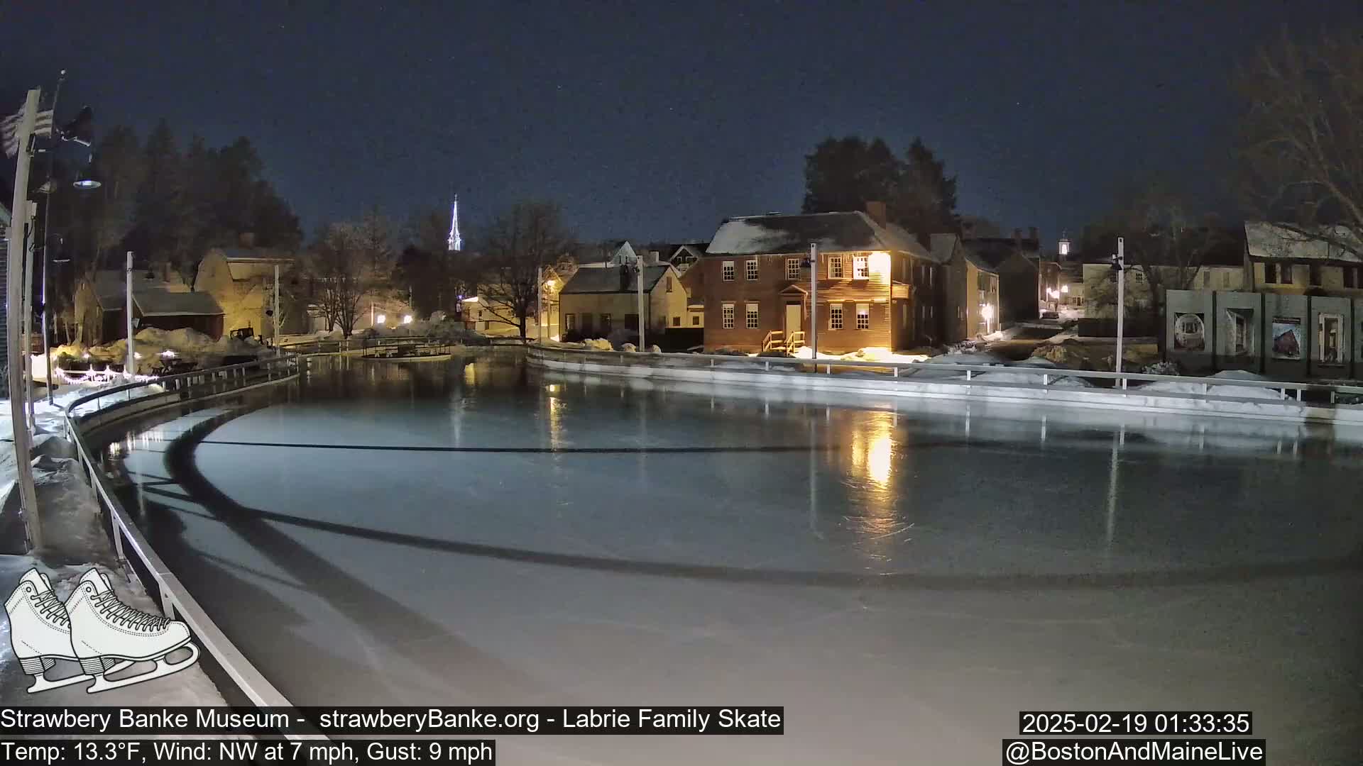 A nighttime view of an outdoor ice skating rink, surrounded by snow-covered buildings under a clear, dark sky, with a northwest wind.