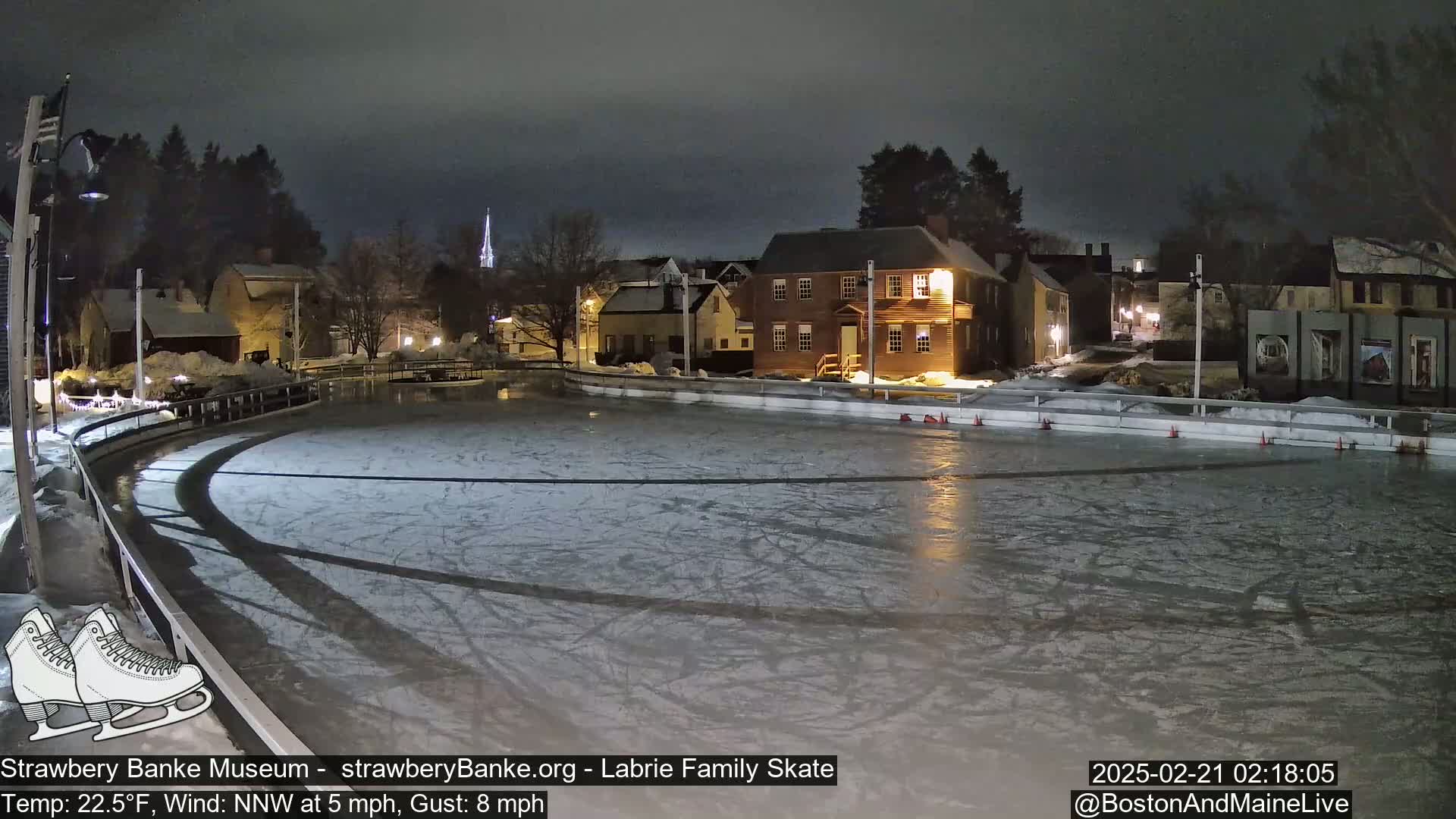 A nighttime view of an outdoor ice skating rink, illuminated by lights, with a village of buildings in the background under a dark sky with a north-northwest wind.