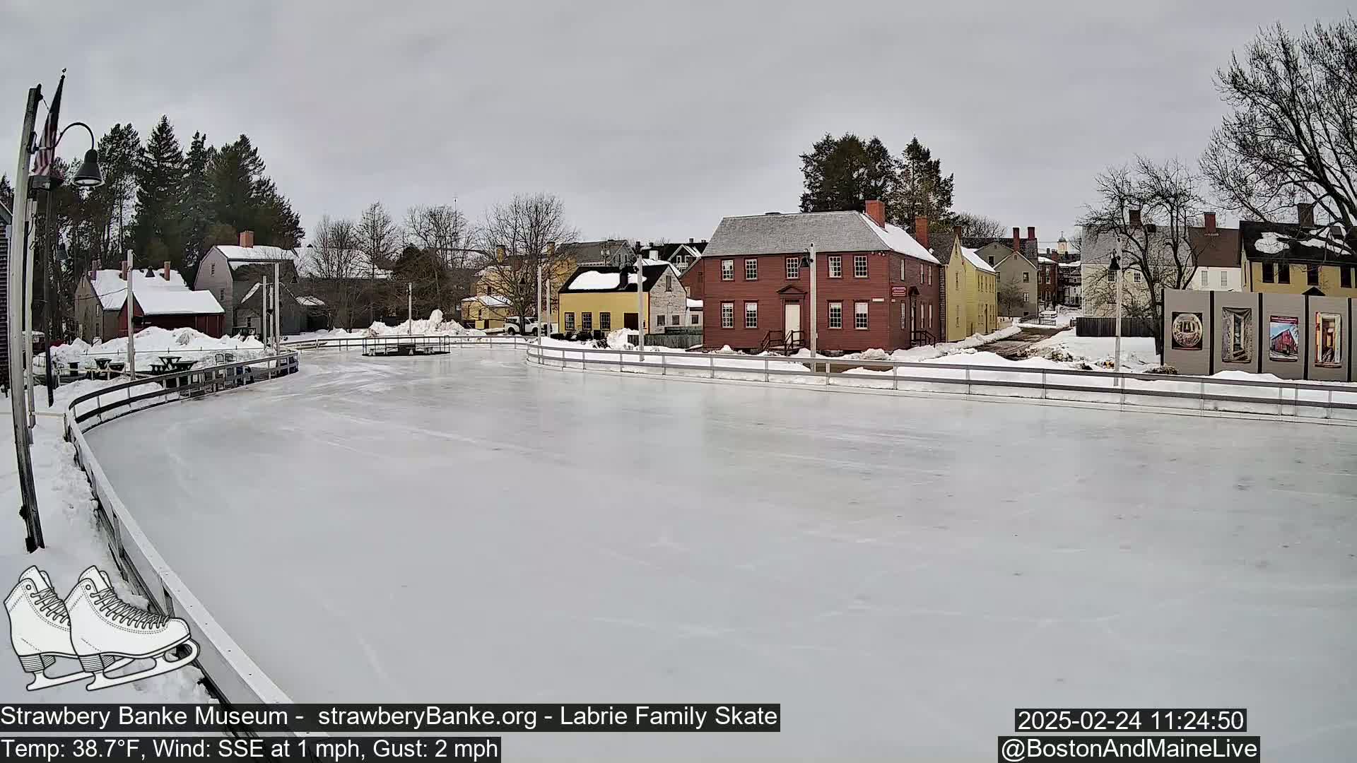 A frozen outdoor skating rink sits in front of a row of historic-looking buildings under an overcast sky.