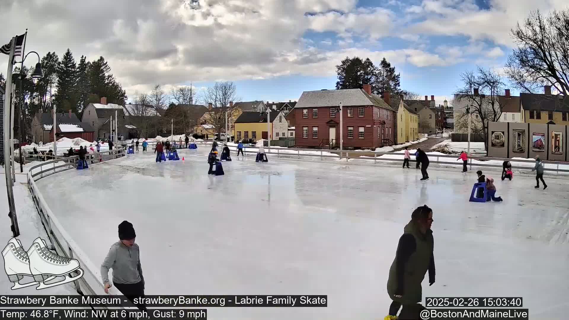People ice skate on an outdoor rink in front of historic buildings on a partly cloudy day with a northwest wind.