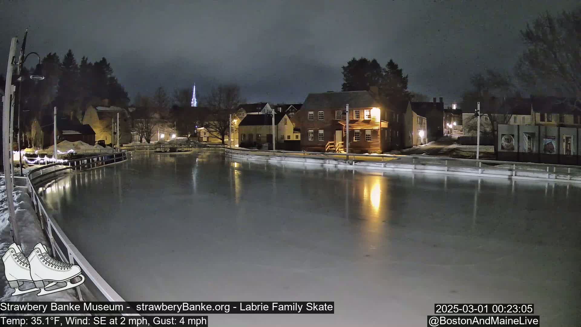 A nighttime view of an outdoor ice rink, illuminated by nearby buildings, under a dark, cloudy sky with a light southeast wind.