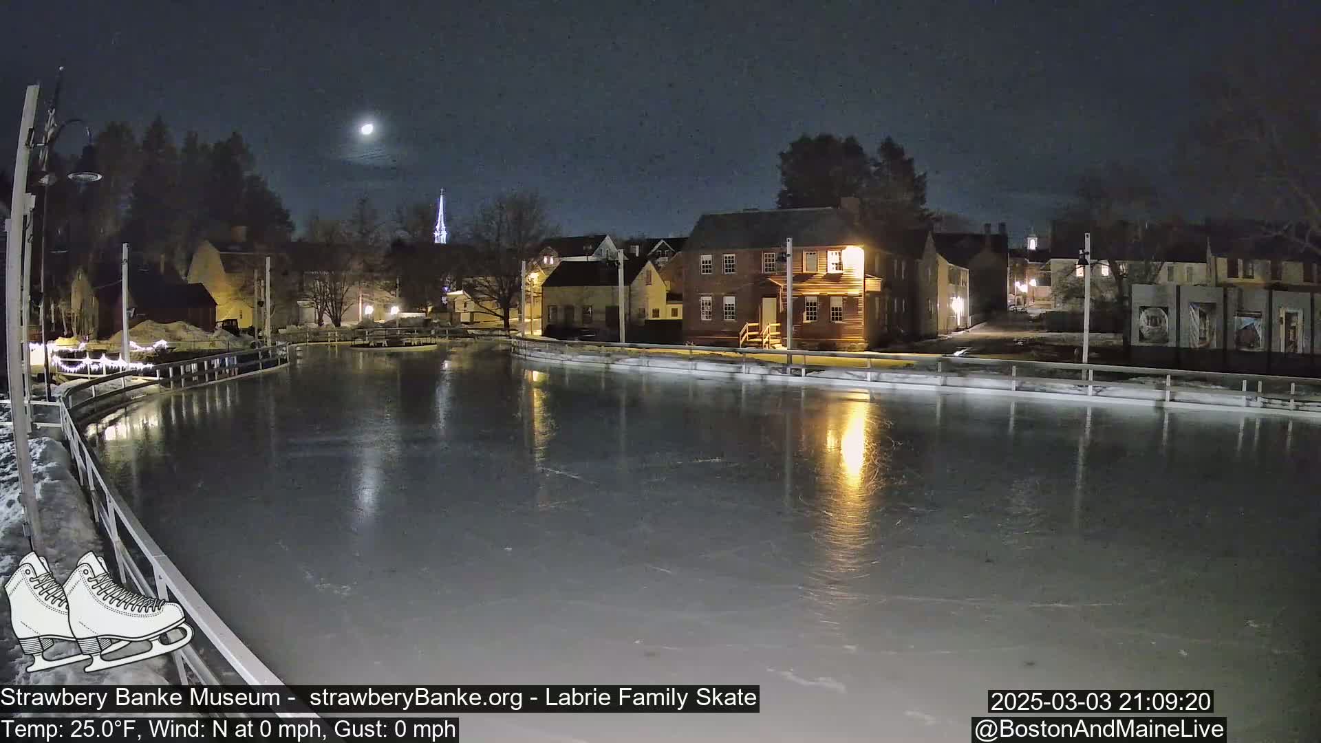 An outdoor ice skating rink at night, illuminated by lights, is situated in front of historic buildings under a clear sky with a visible moon.
