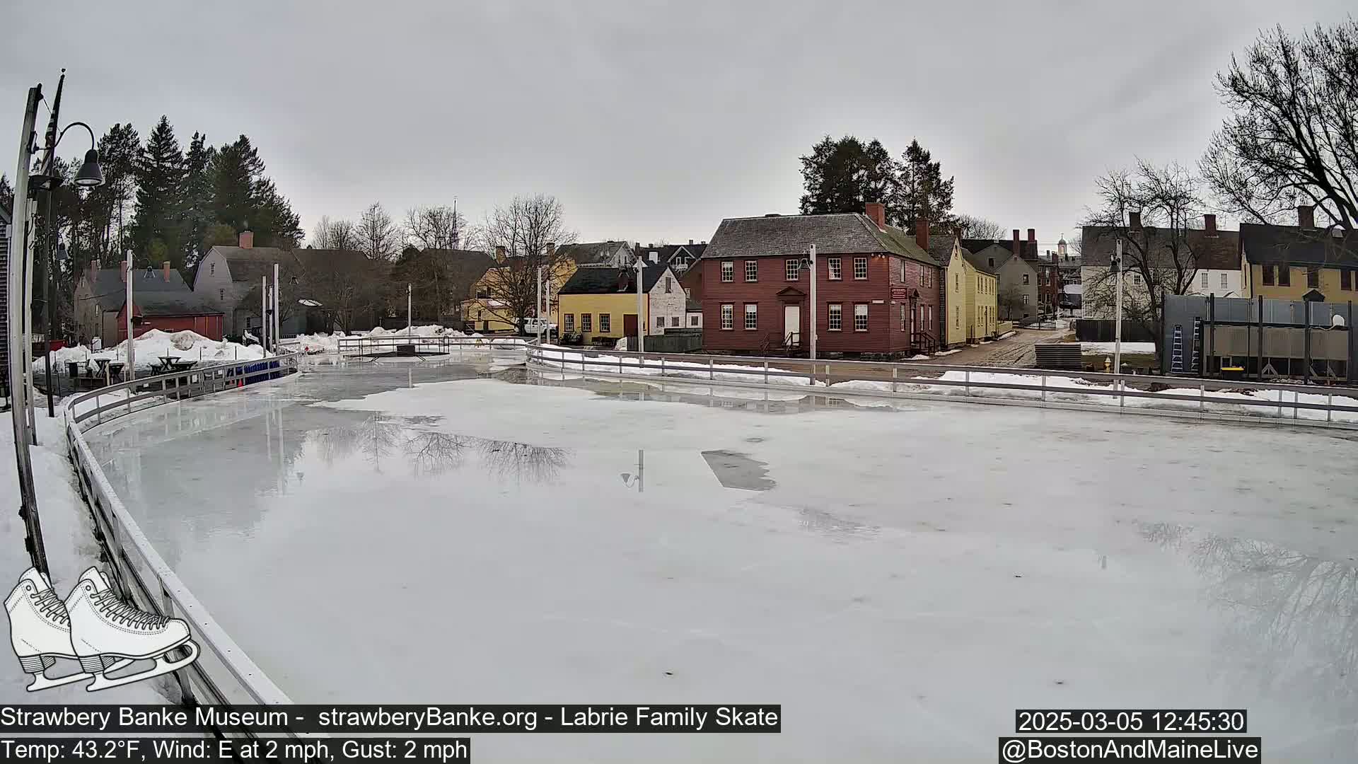 A partially melted ice skating rink sits in front of a row of historic buildings on an overcast day with a light east wind.