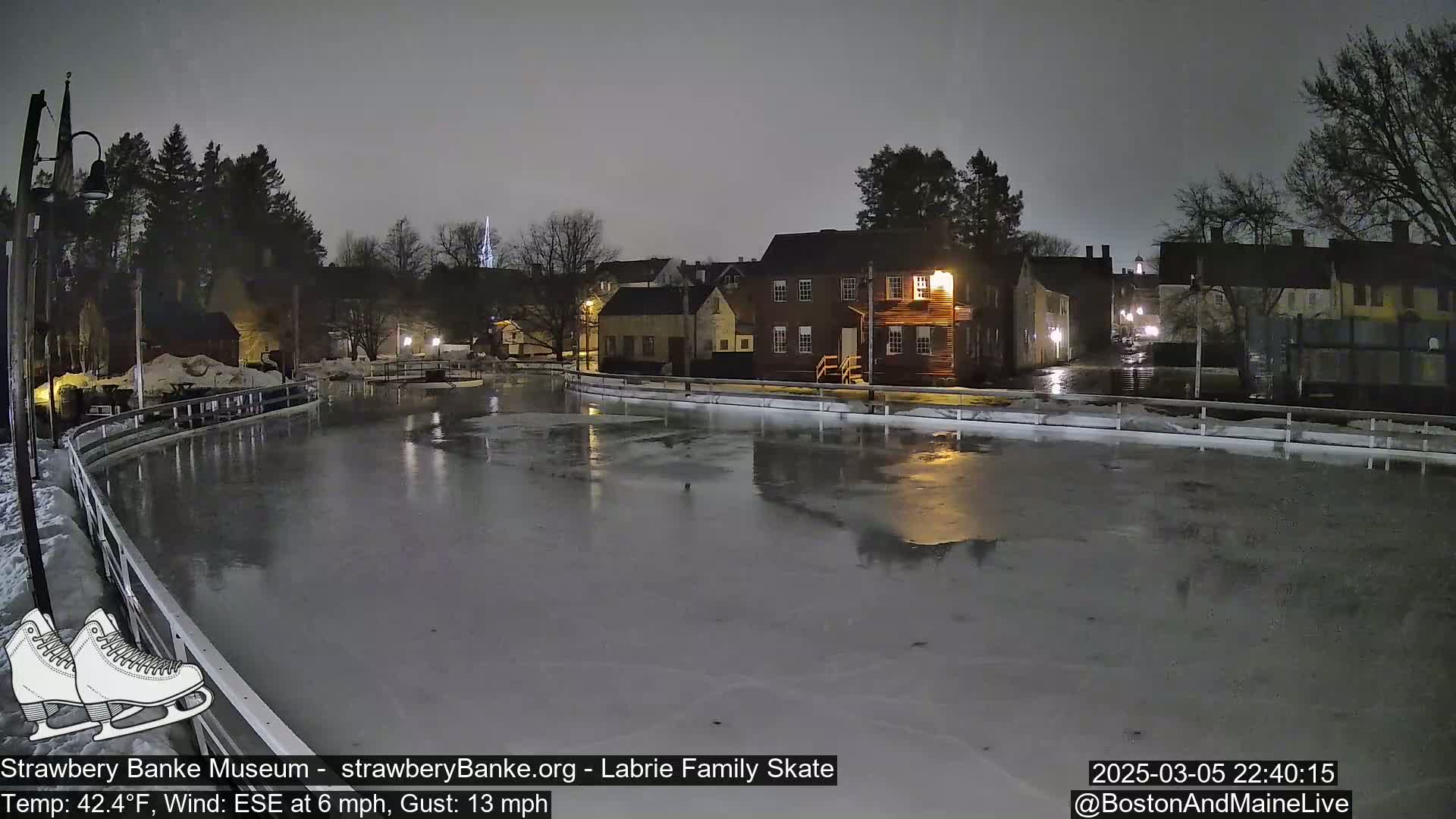 An outdoor ice skating rink at night, under a dark, overcast sky, is illuminated by building lights and streetlights reflecting on the ice's surface; buildings and trees surround the rink.