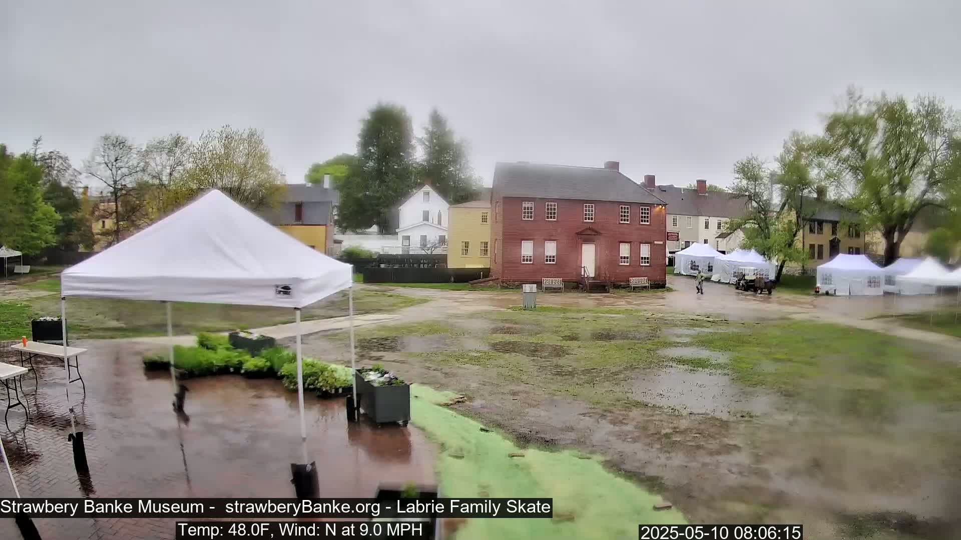 A wet, grassy area with several white tents and historic-looking buildings under an overcast sky.
