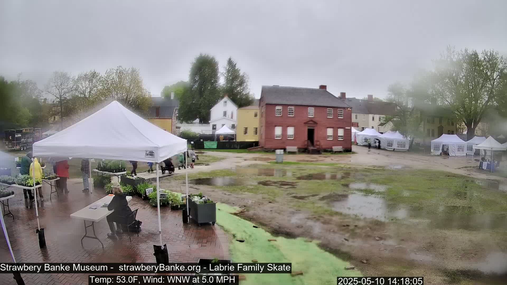 A rainy outdoor market scene features several white tents set up around a brick courtyard with historical-looking buildings in the background, and puddles scattered across the muddy ground.