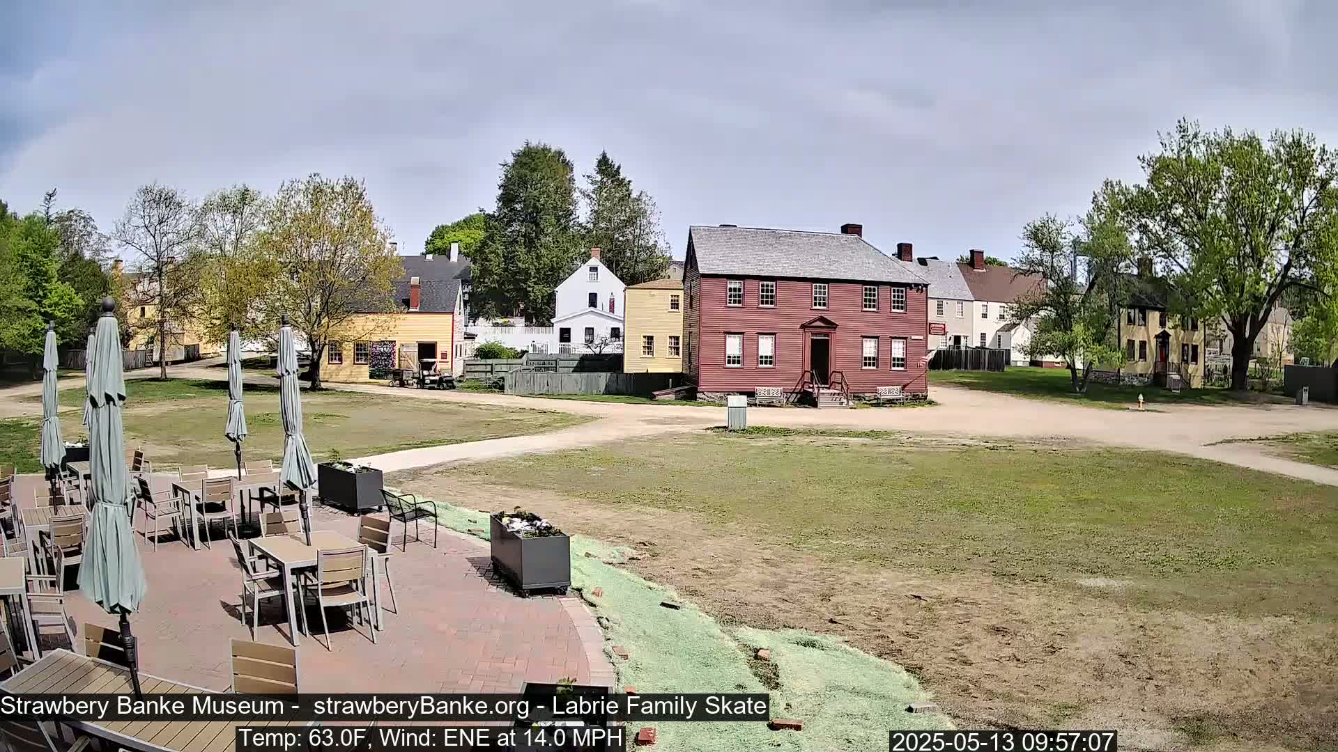 A brick patio with tables and umbrellas sits in front of a collection of historic-looking buildings on a partly cloudy day with a 14 mph wind.